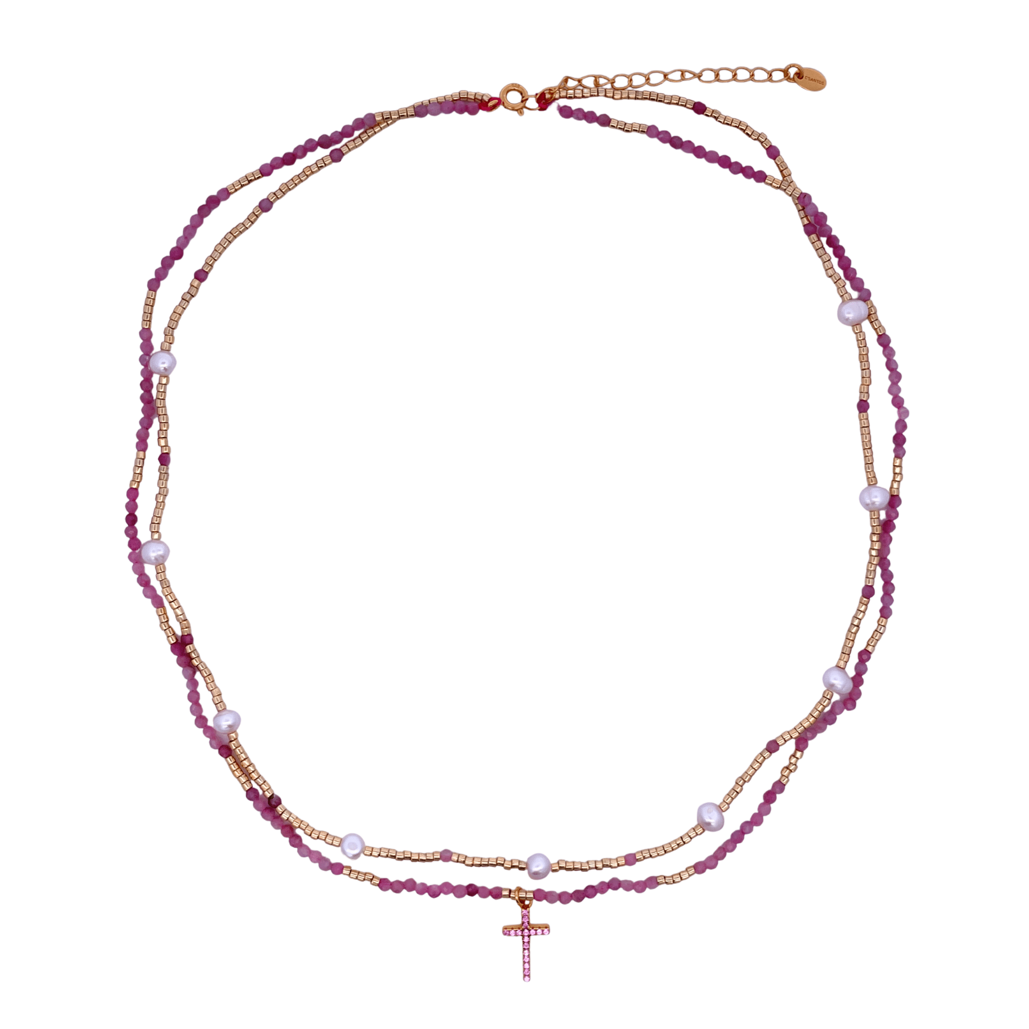 925YG DOUBLE LINE AND CROSS NECKLACE PINK TOURMALINE - C'SANTOS