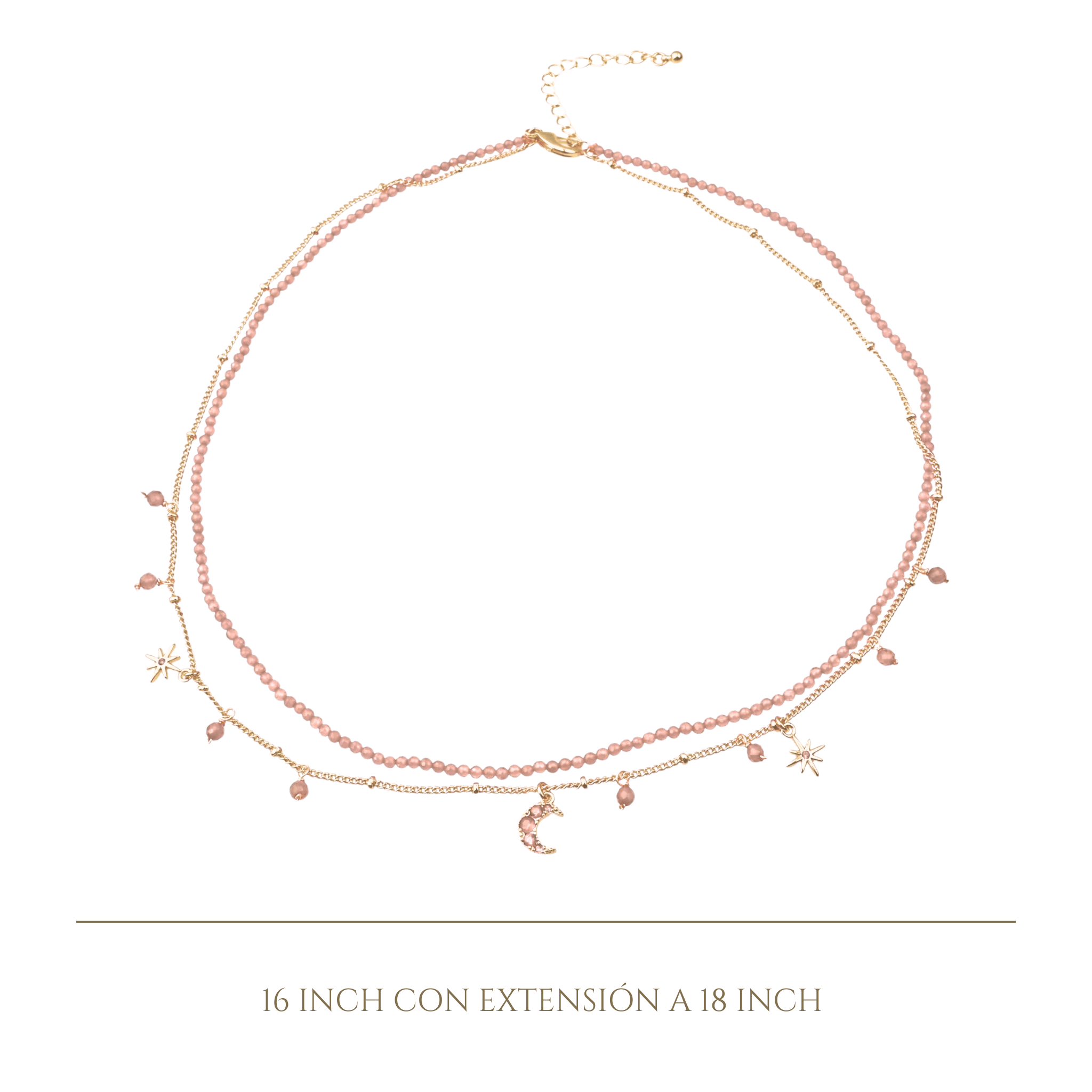 925YG DOUBLE LINE WITH CENTER MOON AND MULTI CHARM NECKLACE ROSE QUARTZ - C'SANTOS