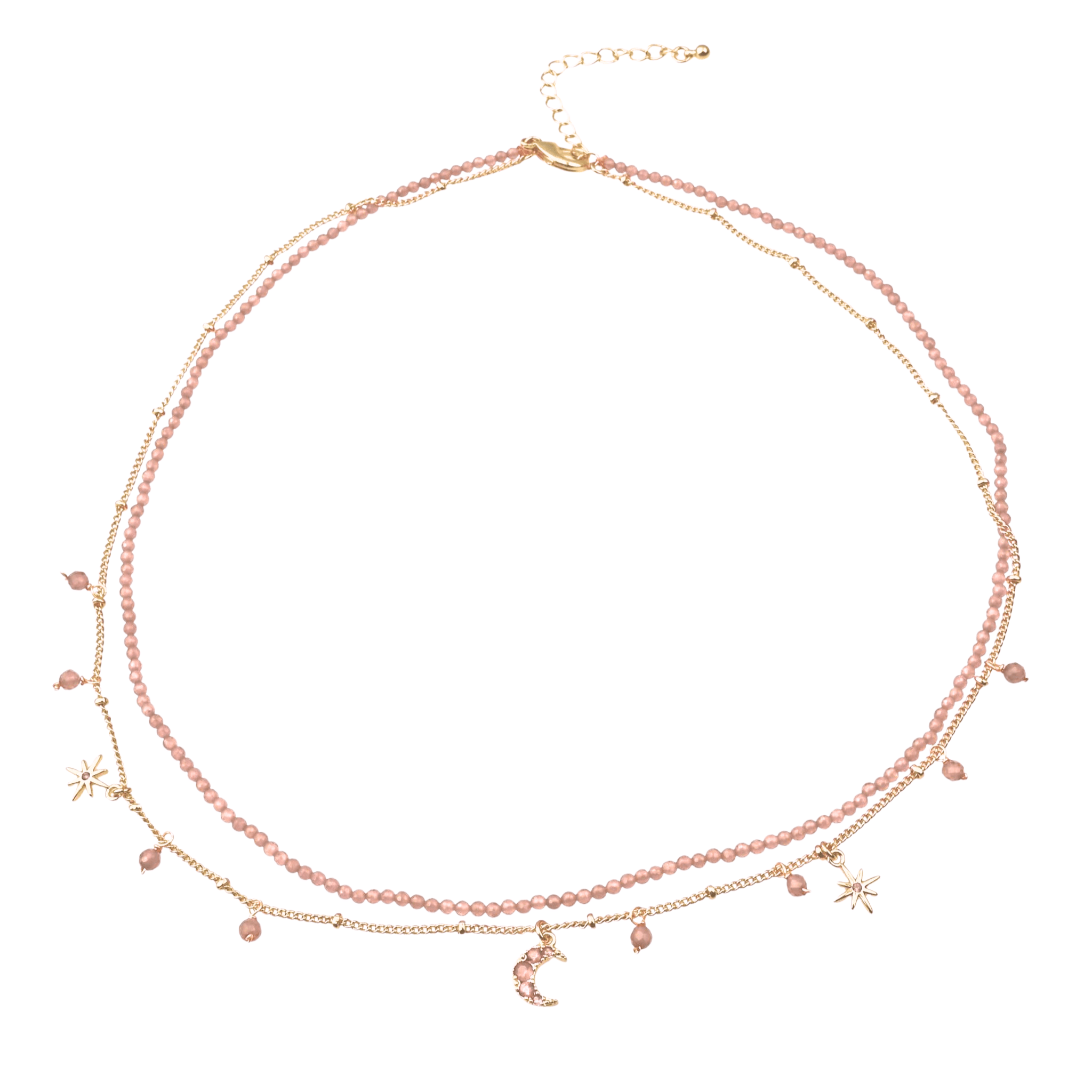 925YG DOUBLE LINE WITH CENTER MOON AND MULTI CHARM NECKLACE ROSE QUARTZ - C'SANTOS