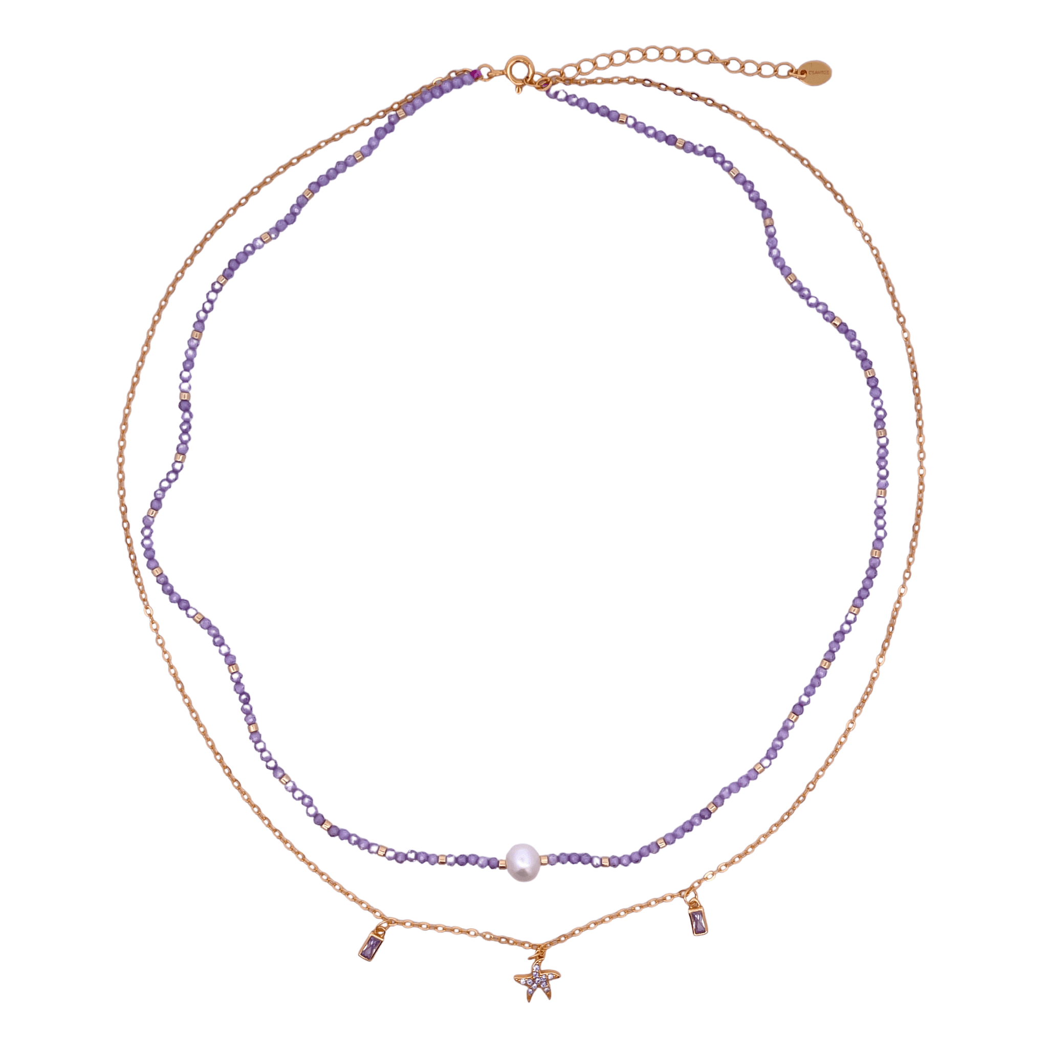 925YG DOUBLE LINE WITH STAR AND BAGUETTES NECKLACE AMETHYST - C'SANTOS
