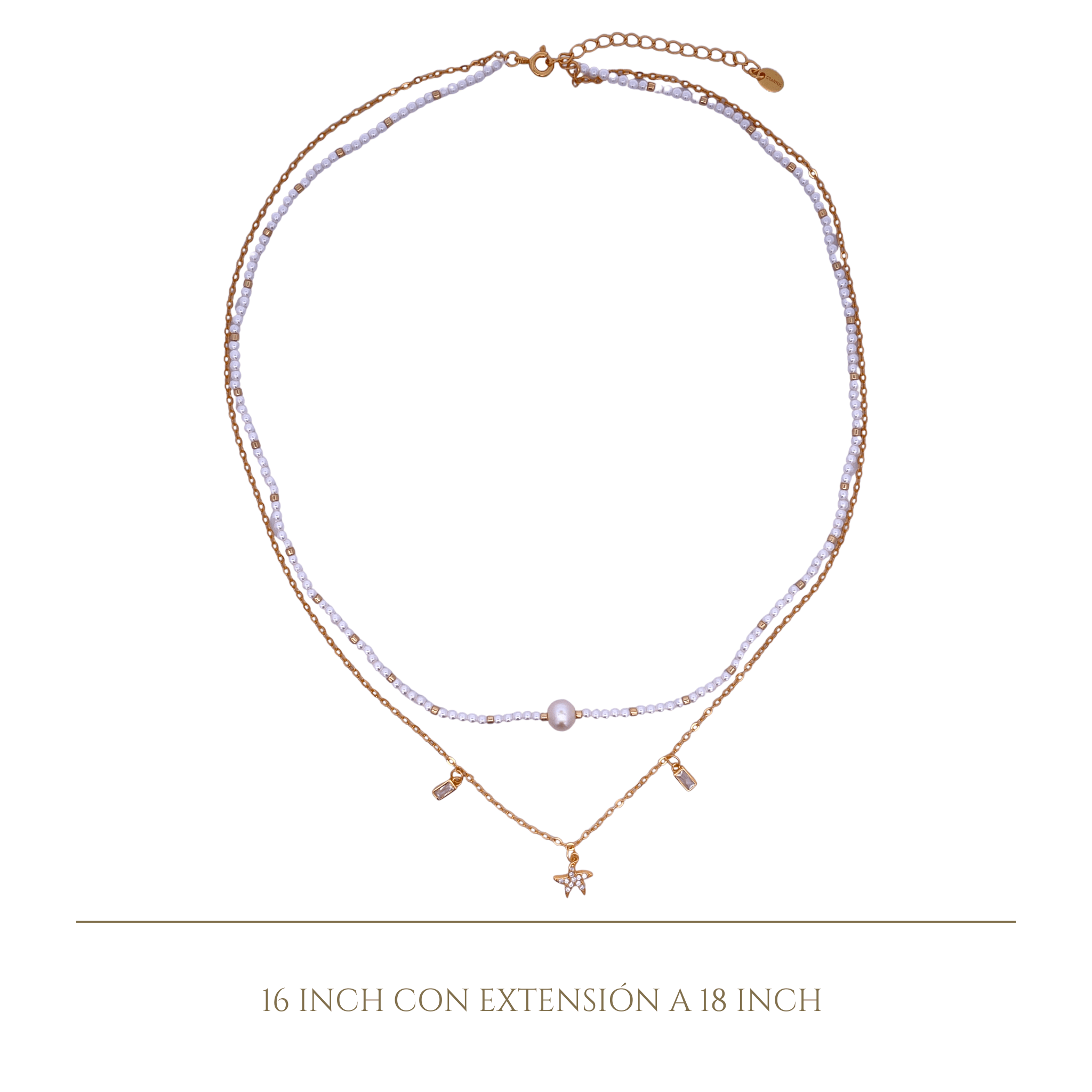 925YG DOUBLE LINE WITH STAR AND BAGUETTES NECKLACE SHELL PEARL SYN PEARL - C'SANTOS