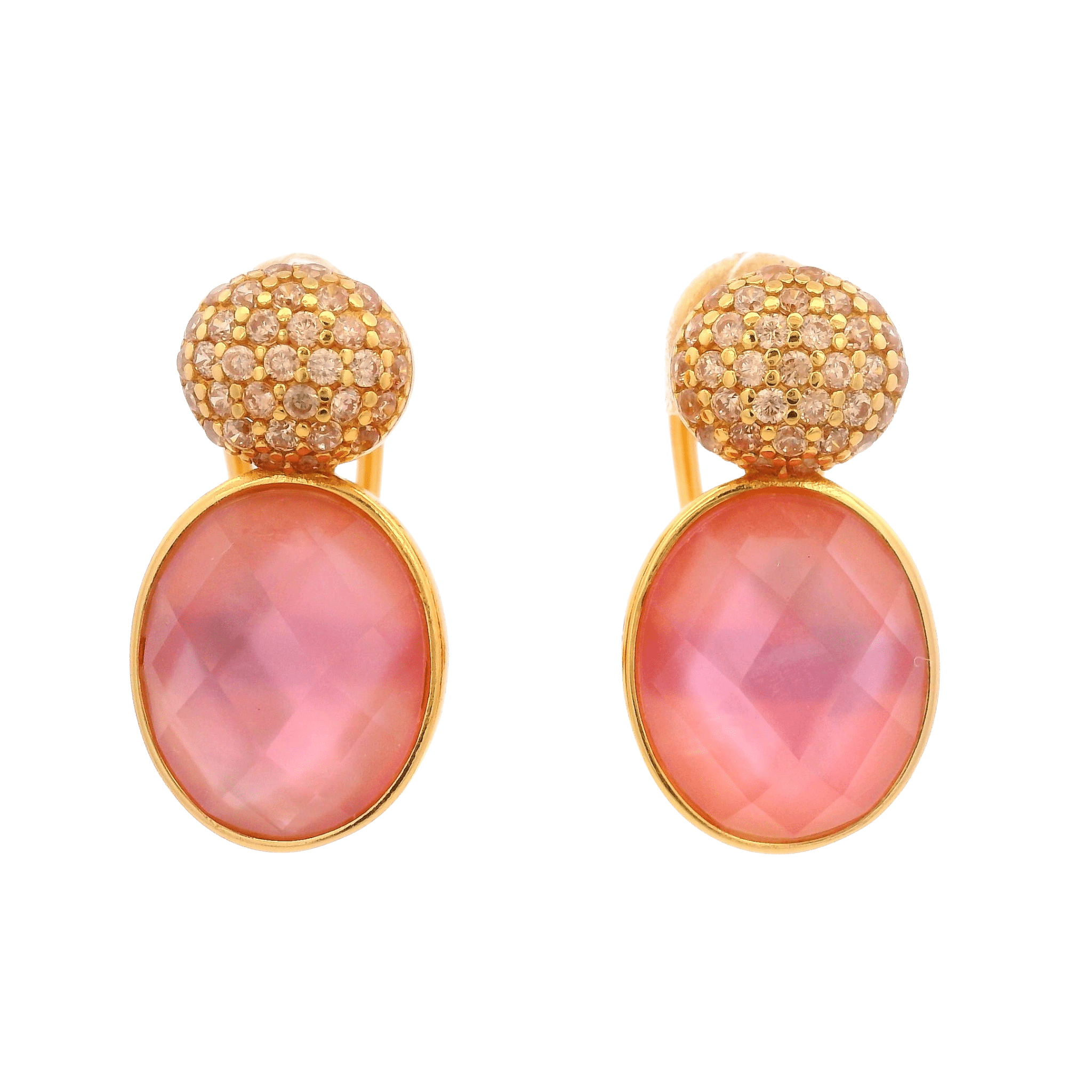 925YG DOUBLE ROUND EARRINGS QUARTZ ROSE & CZ - C'SANTOS