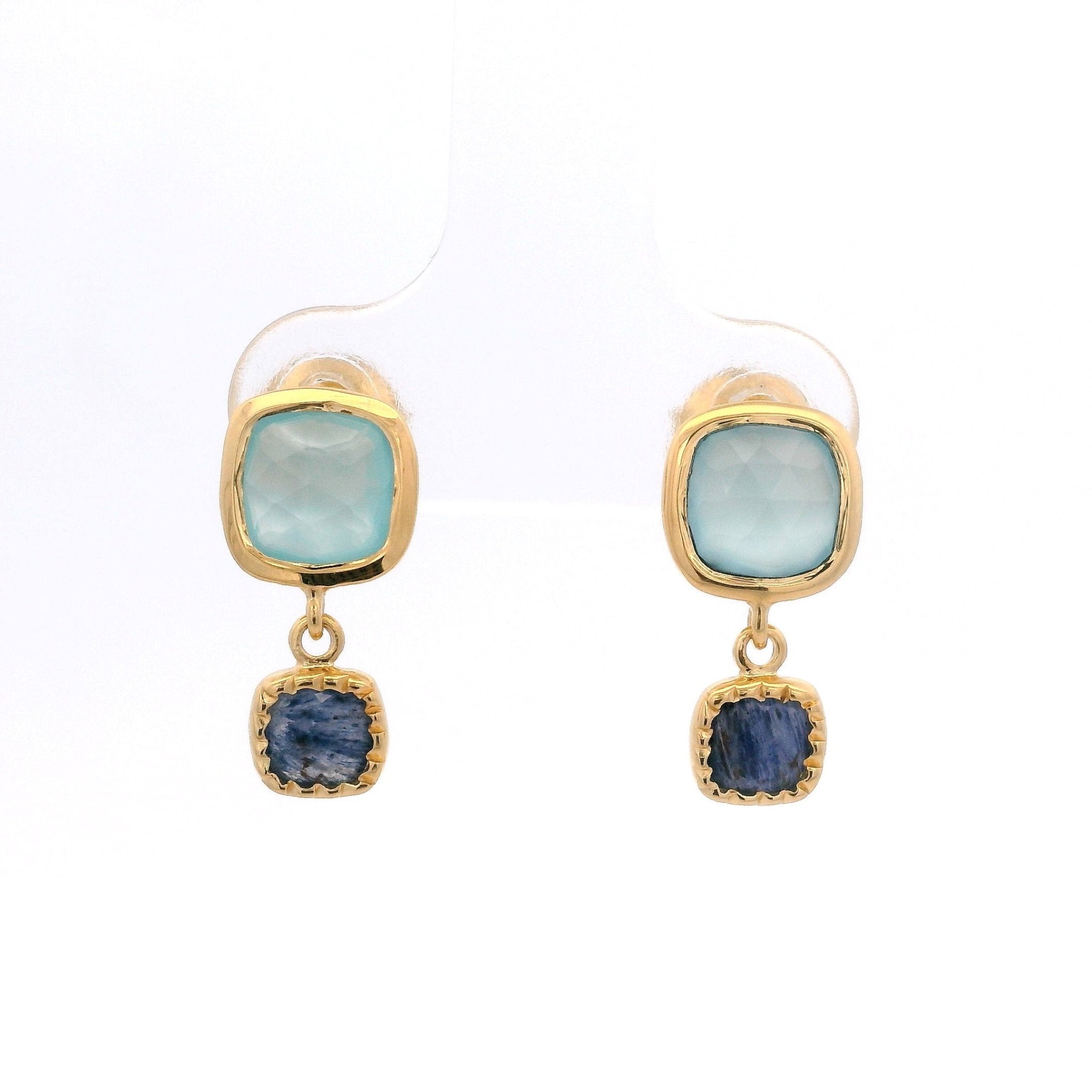 925YG DOUBLE SQUARE CHALCEDONY WITH AGATE BLUE EARRINGS - C'SANTOS