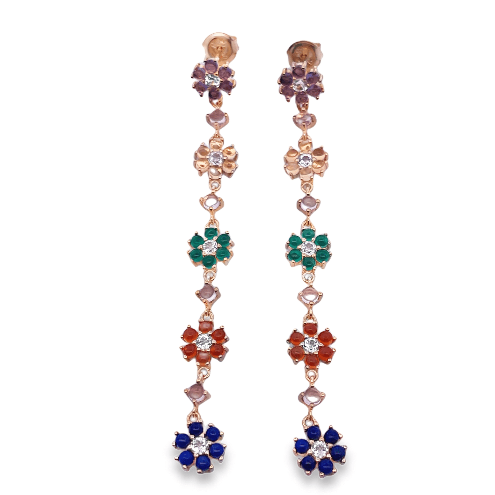 925YG DROP FIVE FLOWER 7MM AMETHYST CITRINE ONYX GREEN ONYX RED LAPIS EARRINGS - C'SANTOS