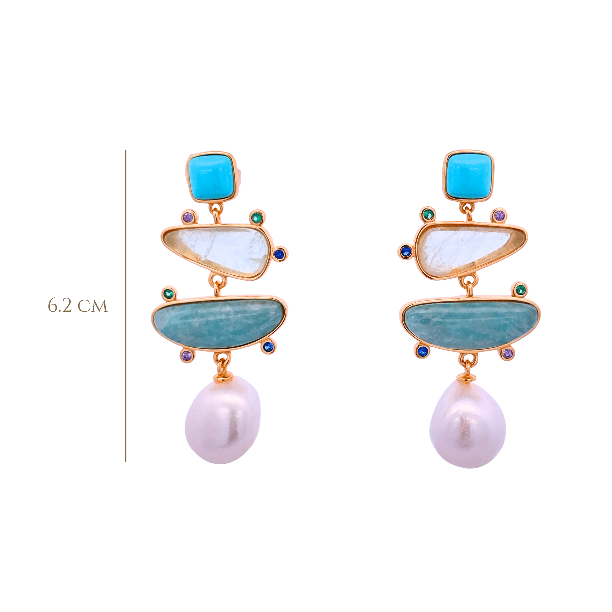 925YG DROP FOUR SHAPE EARRINGS AMAZONITE & PEARL - C'SANTOS