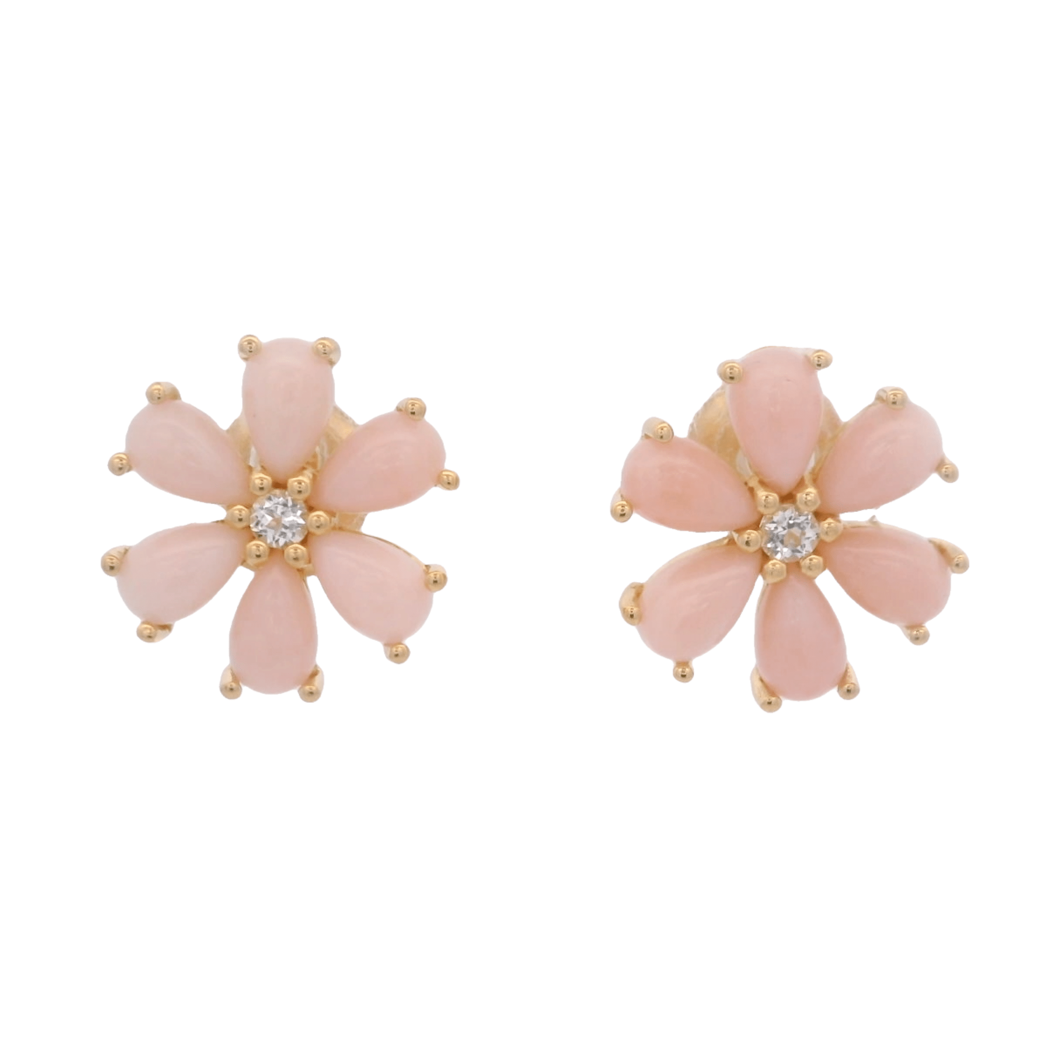 925YG FLOWER 12MM OPAL PINK CENTER TOPAZ WHITE EARRINGS - C'SANTOS