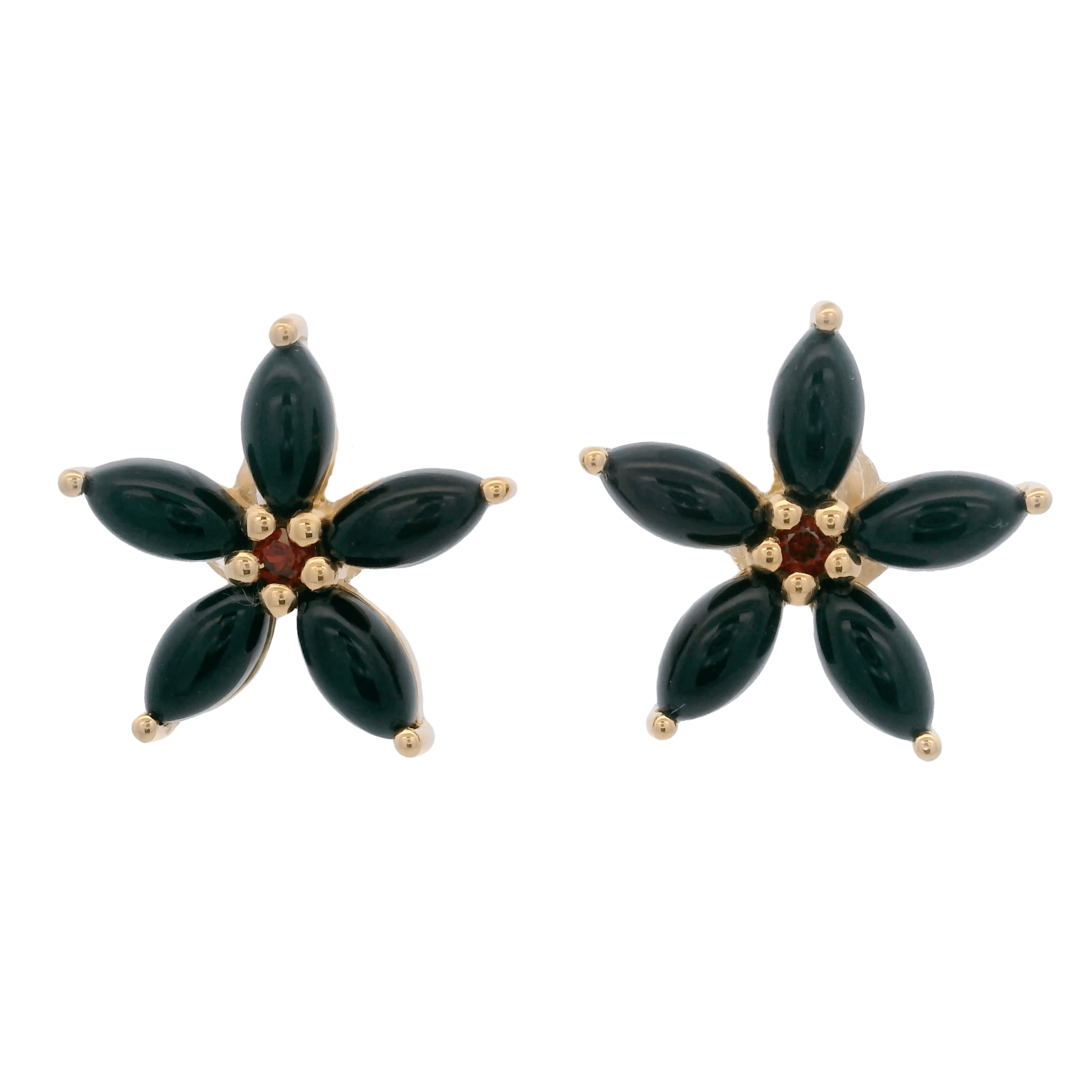 925YG FLOWER 15MM ONYX BLACK CENTER GARNET EARRINGS - C'SANTOS