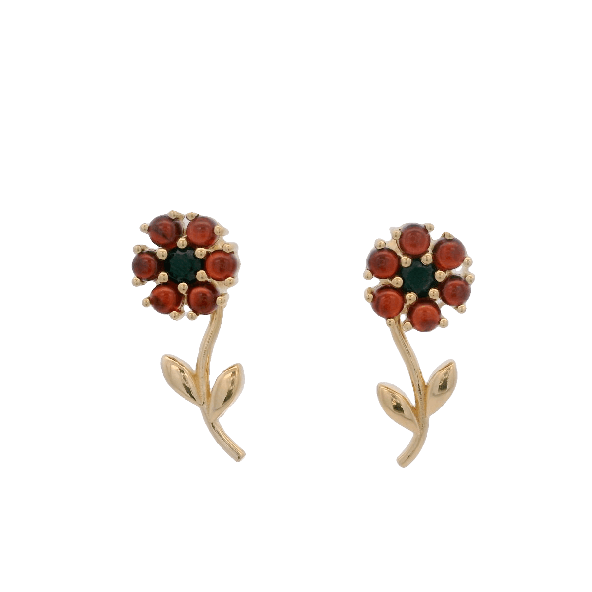 925YG FLOWER 8MM REMOVABLE STEM GARNET CENTER SPINEL BLACK EARRINGS - C'SANTOS