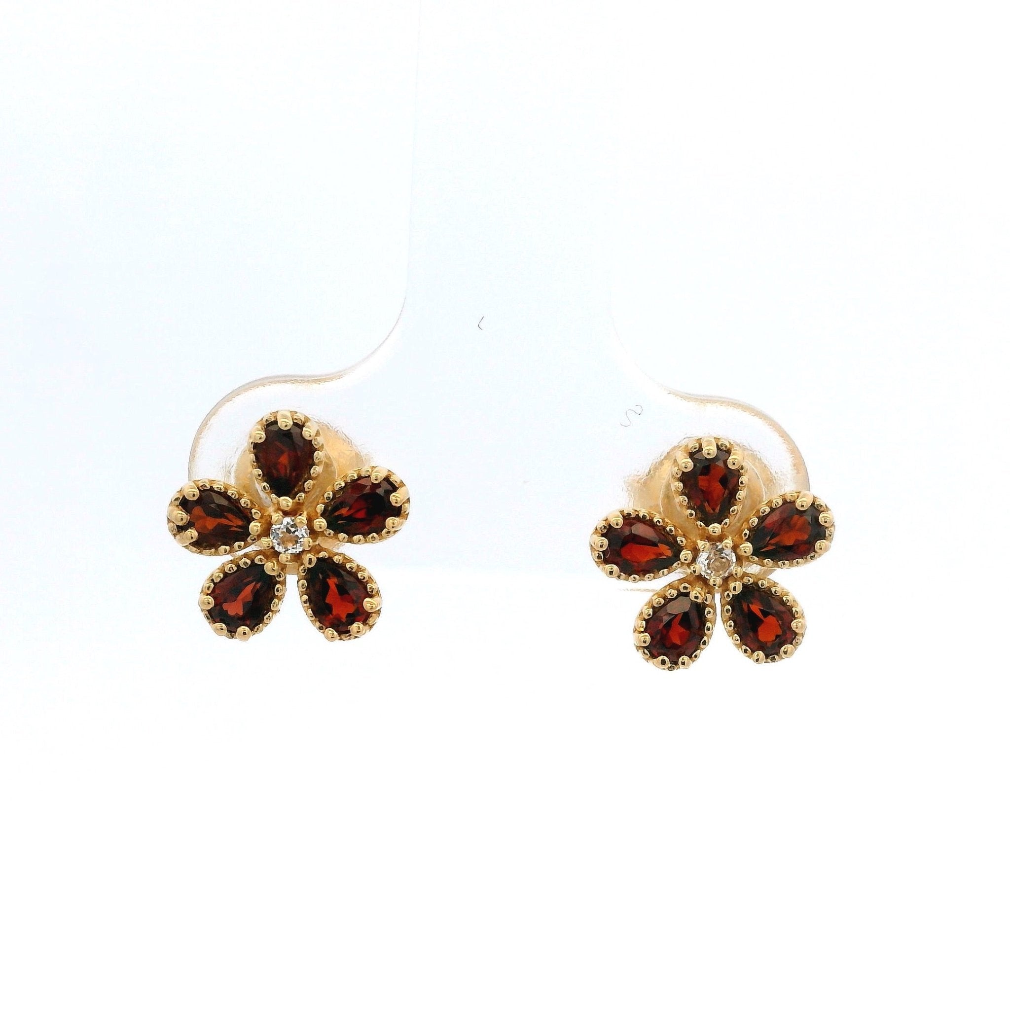 925YG FLOWER GARNET CENTER TOPAZ WHITE EARRINGS - C'SANTOS