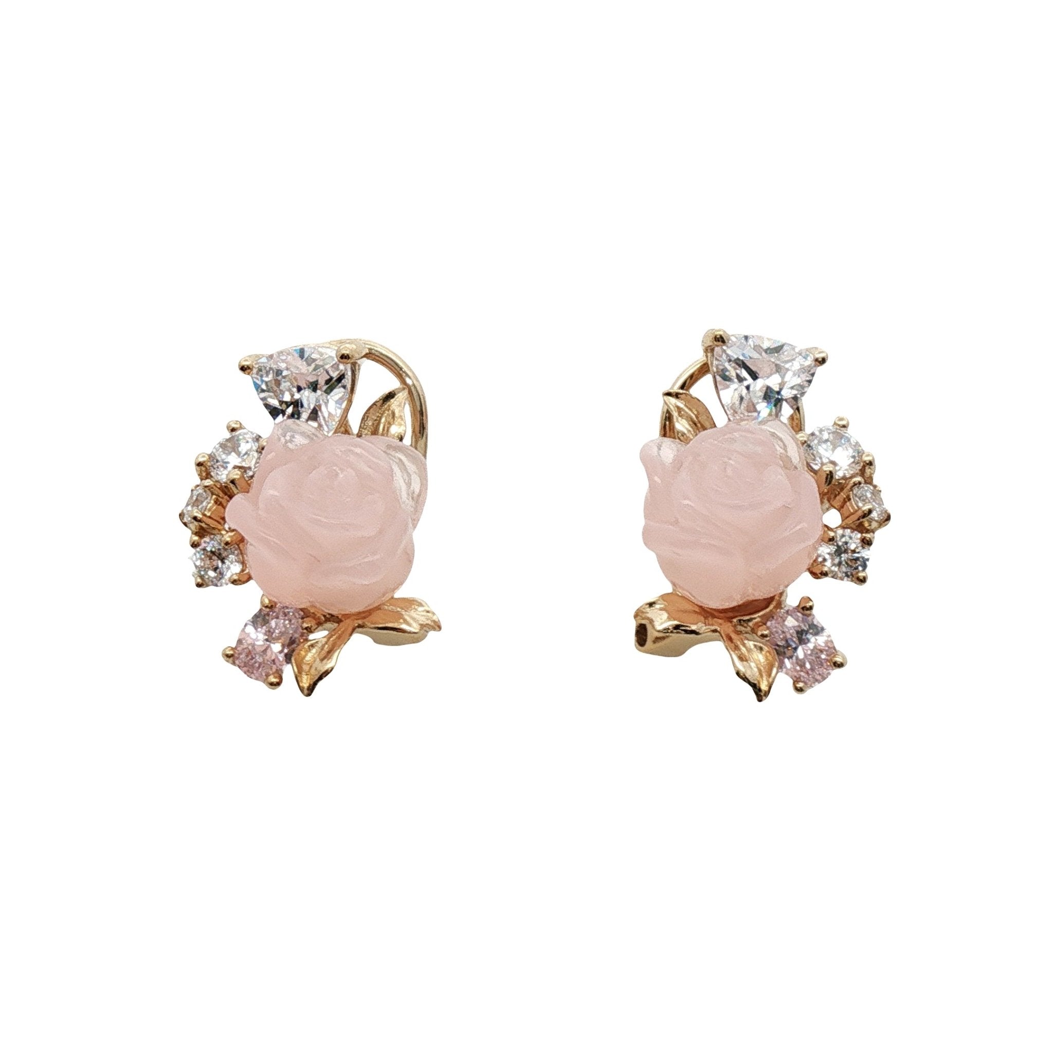 925YG FLOWER RESIN ROSE QUARTZ CANNARY WHITE CZ EARRINGS - C'SANTOS