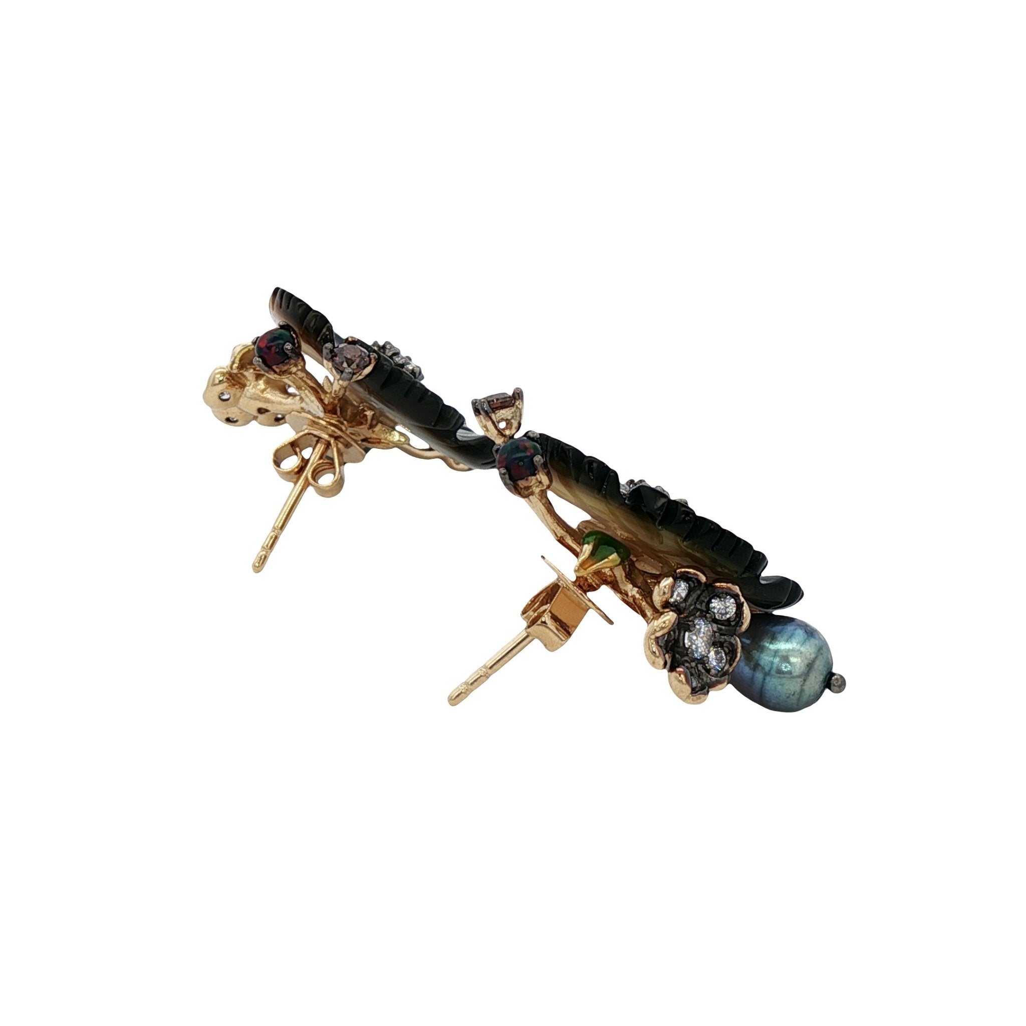 925YG FLOWER SHELL BLACK AND SYN OPAL PEAL BLACK GREY EARRINGS - C'SANTOS