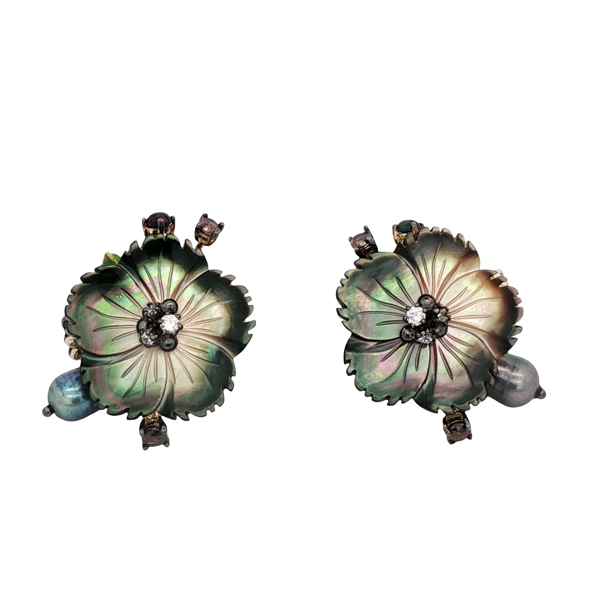 925YG FLOWER SHELL BLACK AND SYN OPAL PEAL BLACK GREY EARRINGS - C'SANTOS
