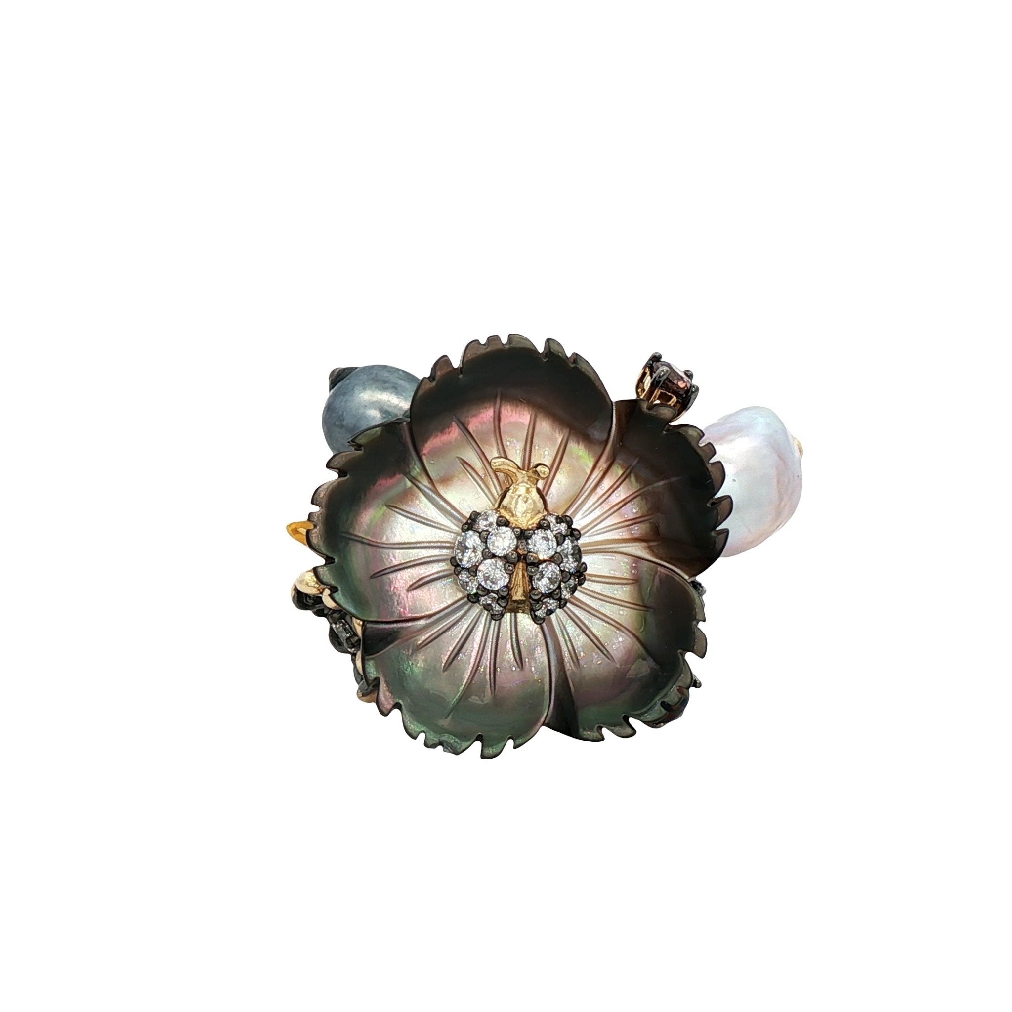 925YG FLOWER SHELL BLACK CENTER LADYBUG AND SYN OPAL PEAL BLACK GREY RING T6 - C'SANTOS