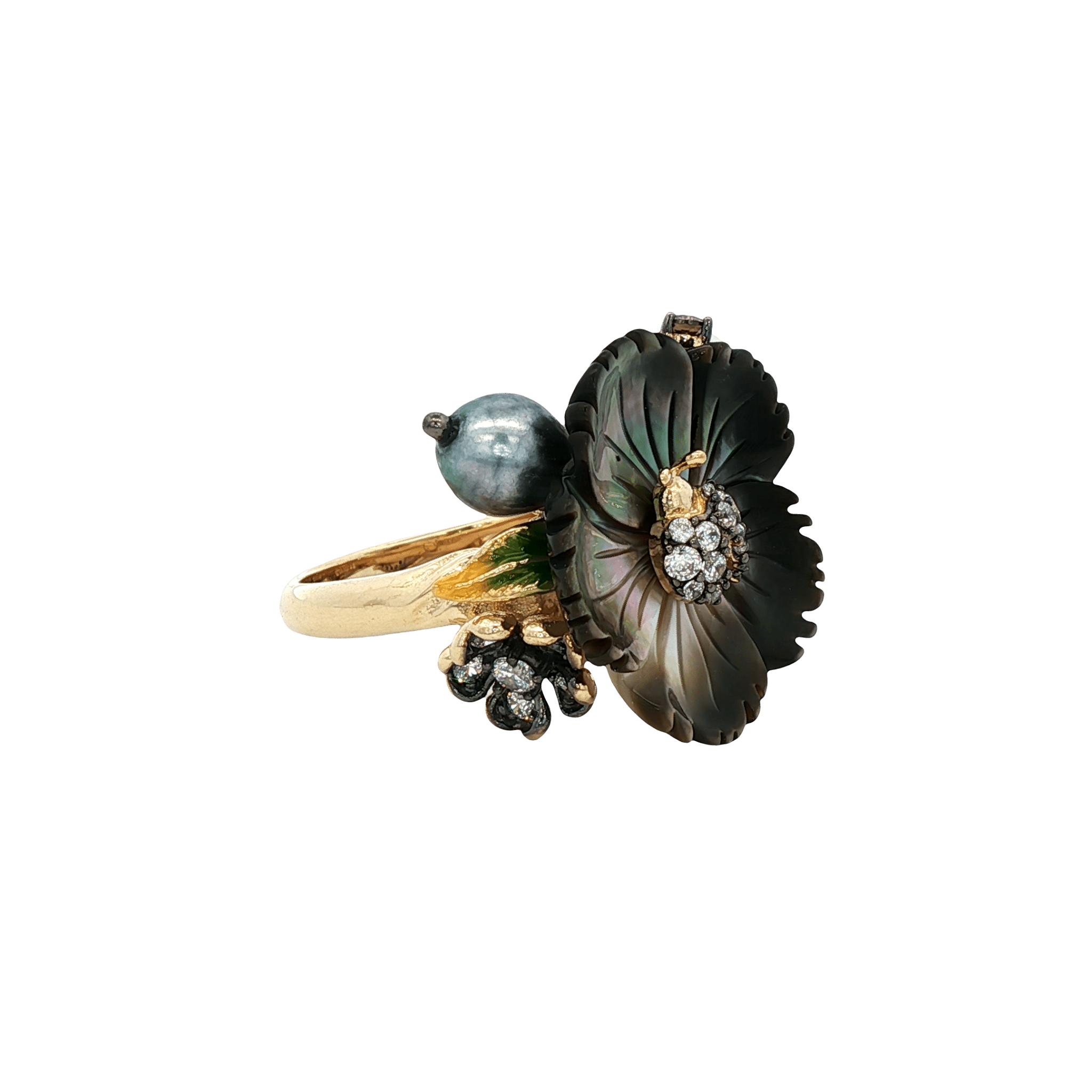 925YG FLOWER SHELL BLACK CENTER LADYBUG AND SYN OPAL PEAL BLACK GREY RING T7 - C'SANTOS