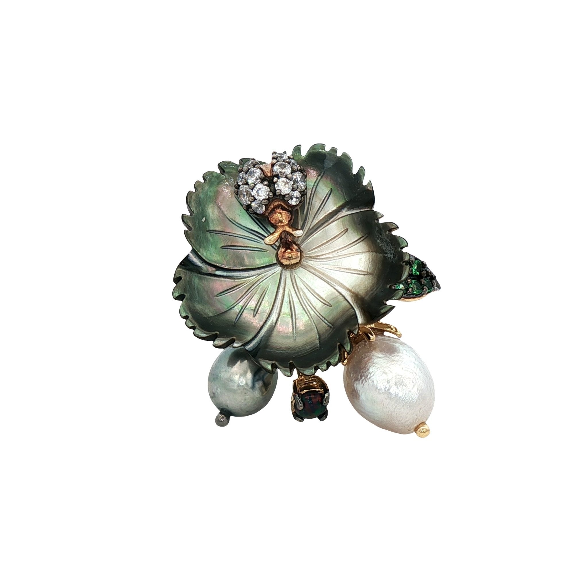 925YG FLOWER SHELL BLACK CENTER LADYBUG AND SYN OPAL PEAL BLACK GREY RING T7 - C'SANTOS