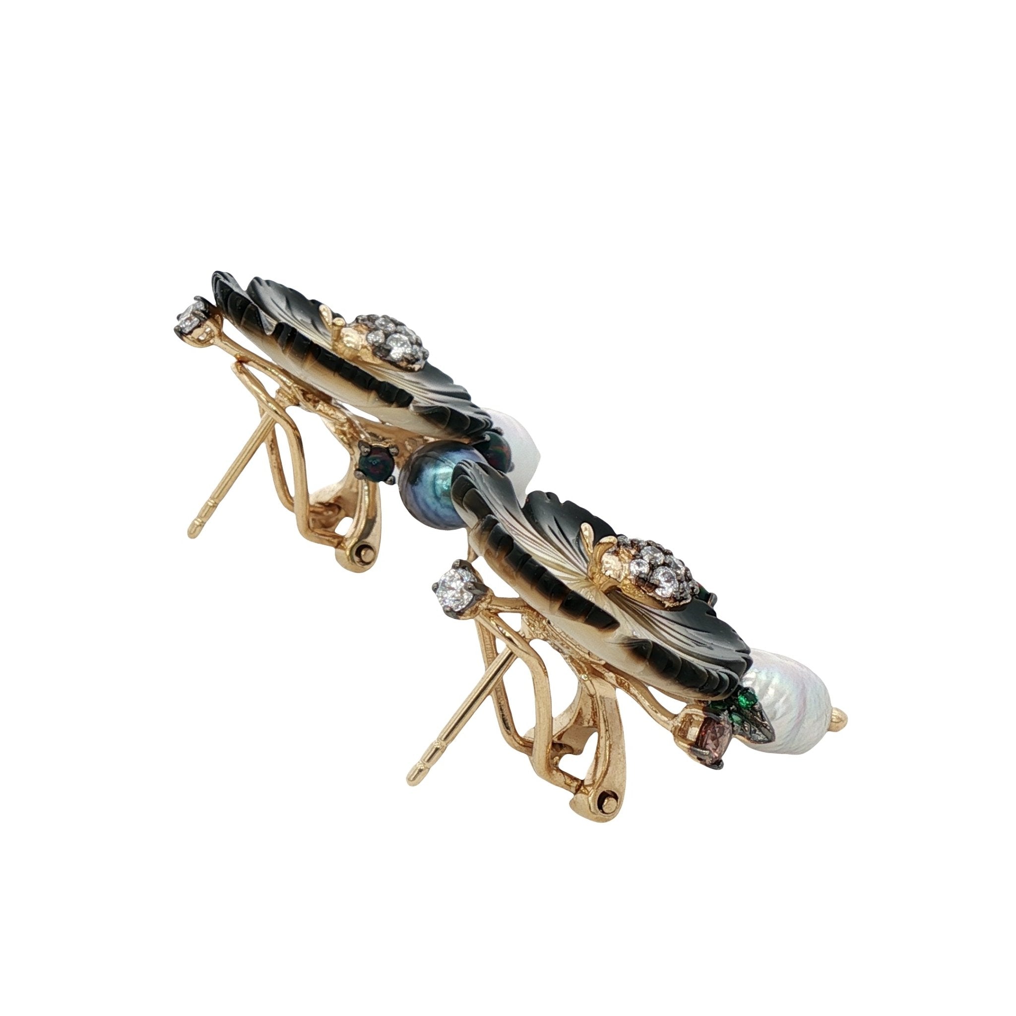 925YG FLOWER SHELL BLACK LADYBUG AND SYN OPAL PEAL BLACK GREY EARRINGS - C'SANTOS