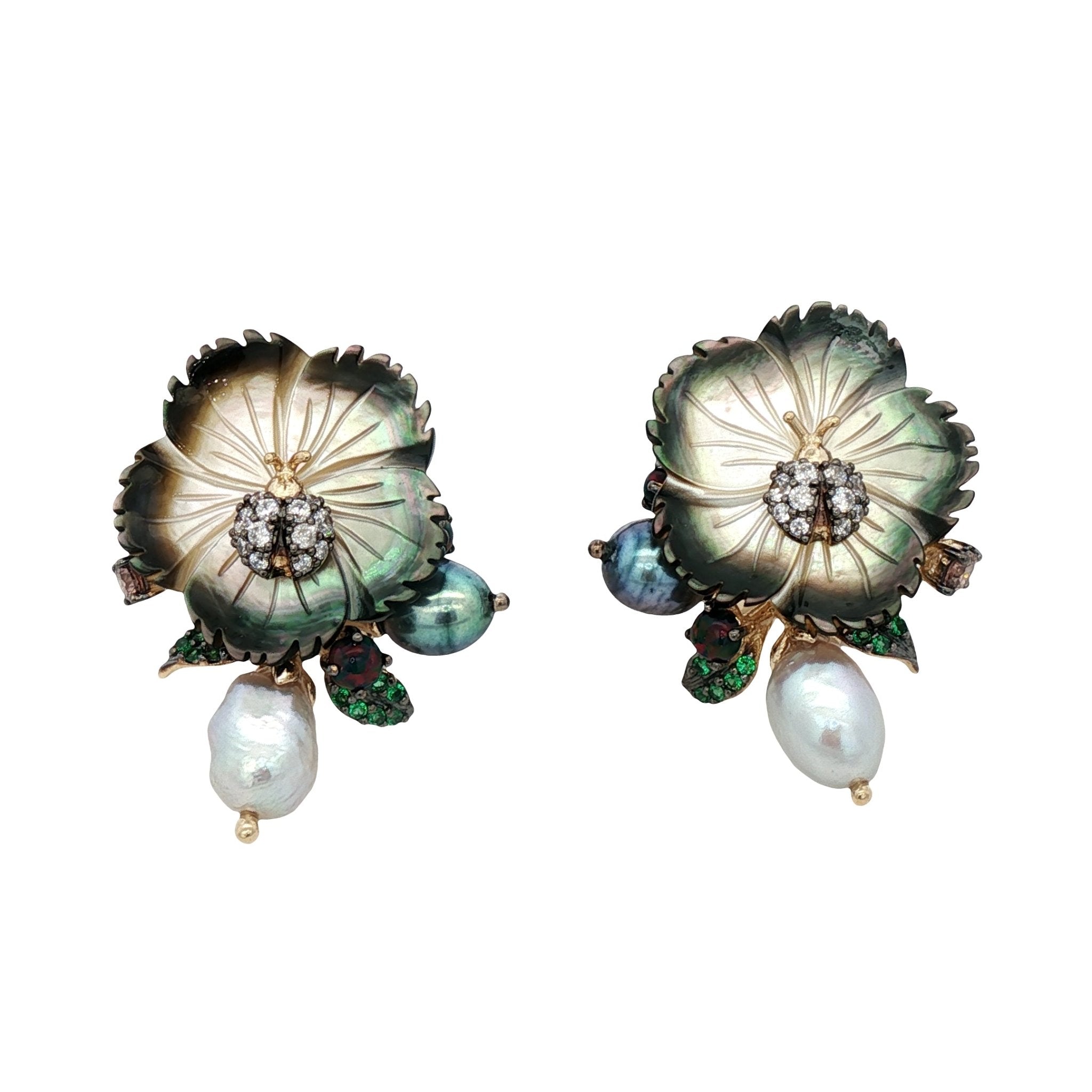 925YG FLOWER SHELL BLACK LADYBUG AND SYN OPAL PEAL BLACK GREY EARRINGS - C'SANTOS