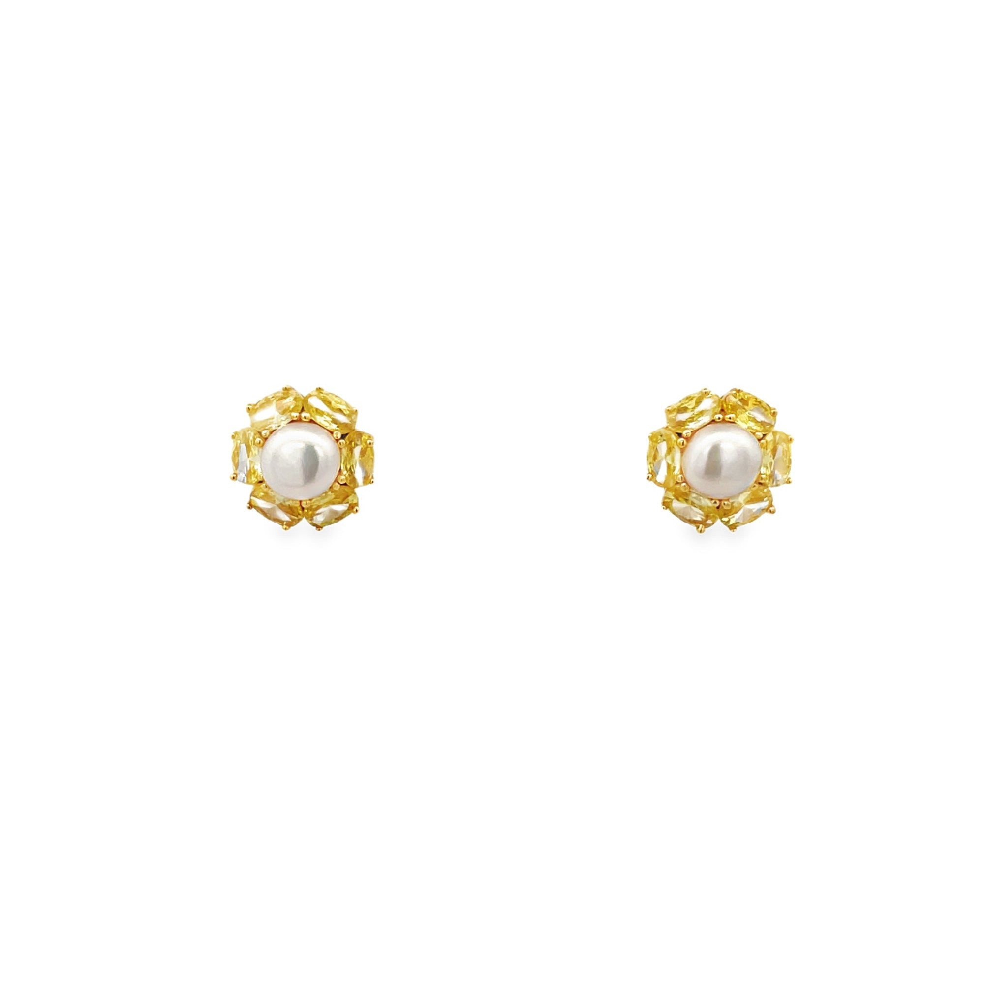 925YG FLOWER WITH 6 PETALS AND PEARL CENTER CZ YELLOW EARRINGS - C'SANTOS