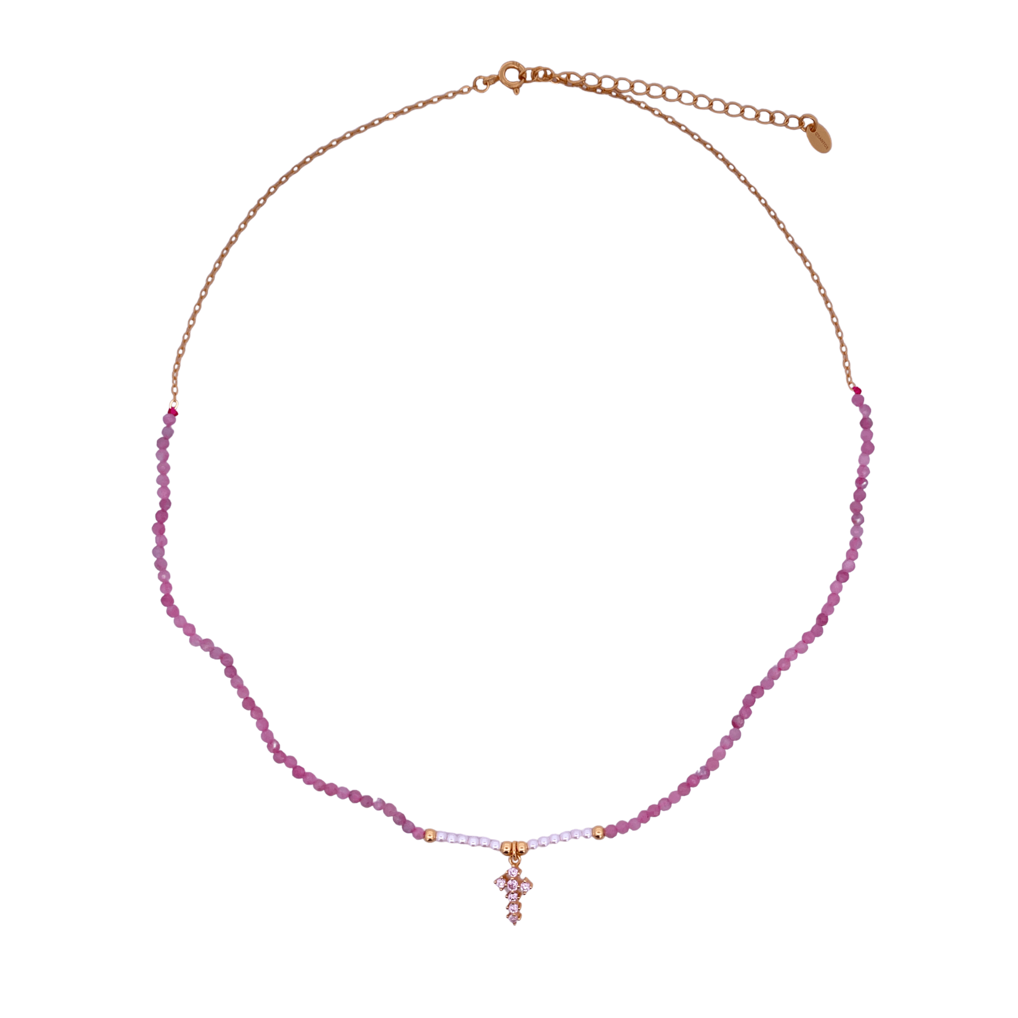 925YG HALF BEANDS WITH CROSS NECKLACE ROSE QUARTZ - C'SANTOS