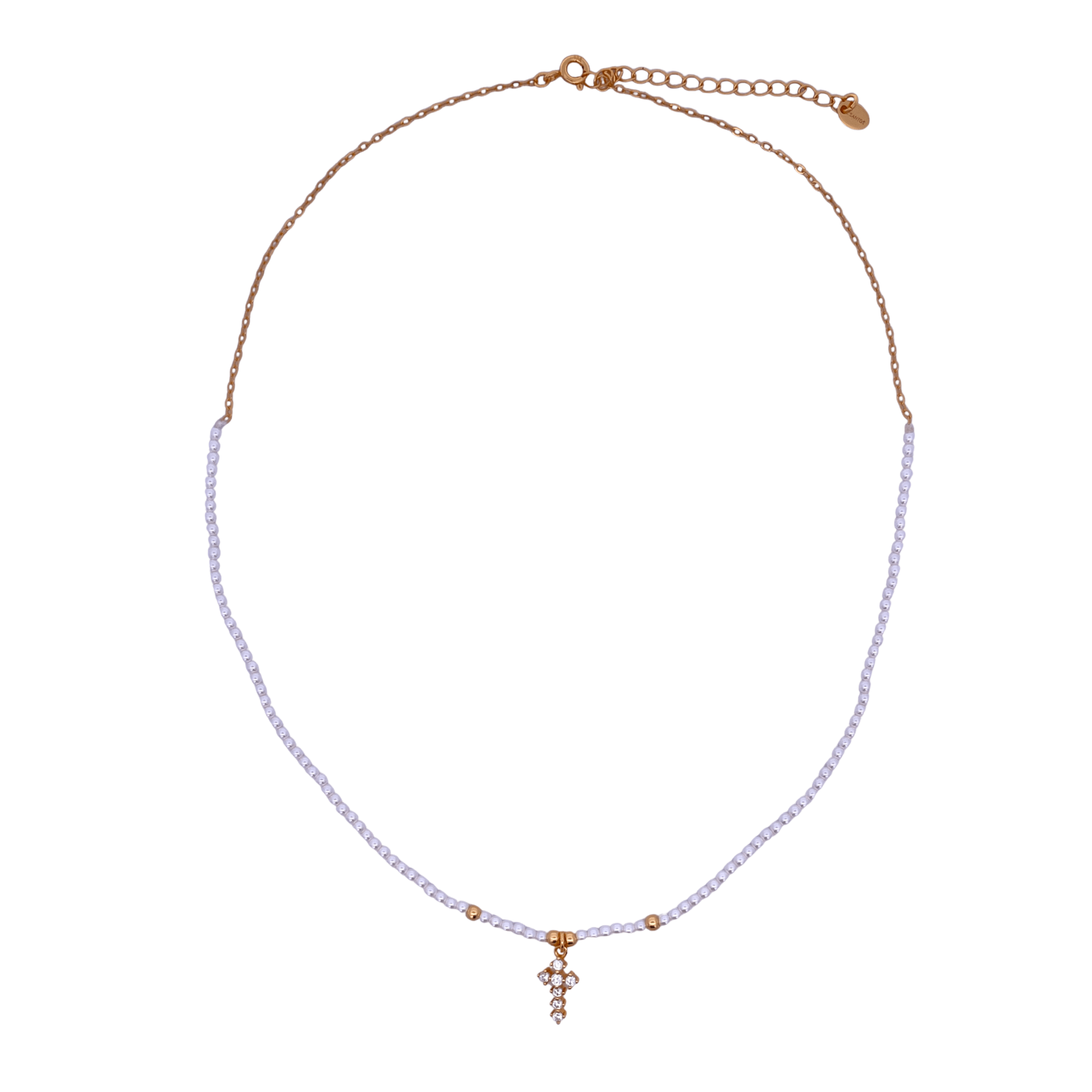 925YG HALF BEANDS WITH CROSS NECKLACE SYN PEARL - C'SANTOS