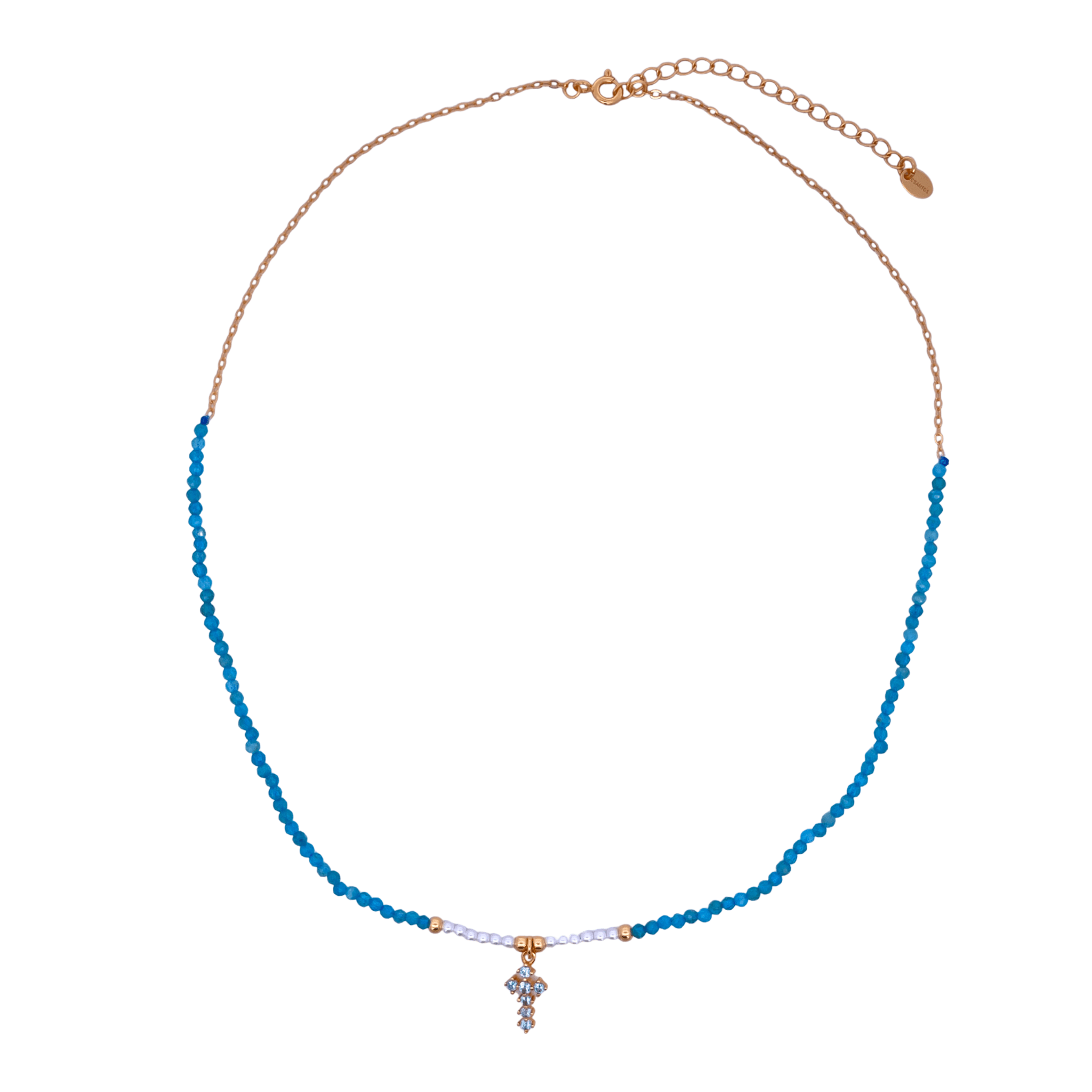 925YG HALF BEANDS WITH CROSS NECKLACE TOURMALINE BLUE - C'SANTOS