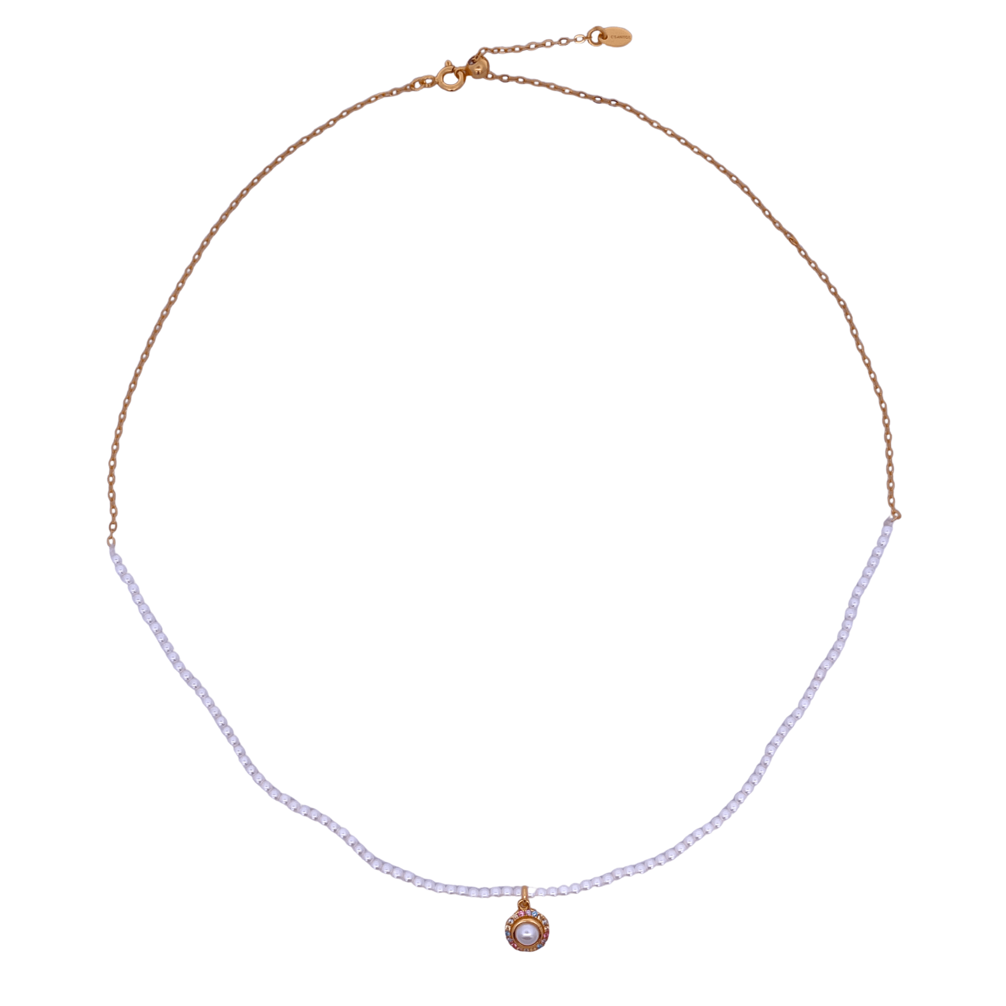 925YG HALF BEANDS WITH SOLITARY HALO NECKLACE SYN PEARL - C'SANTOS