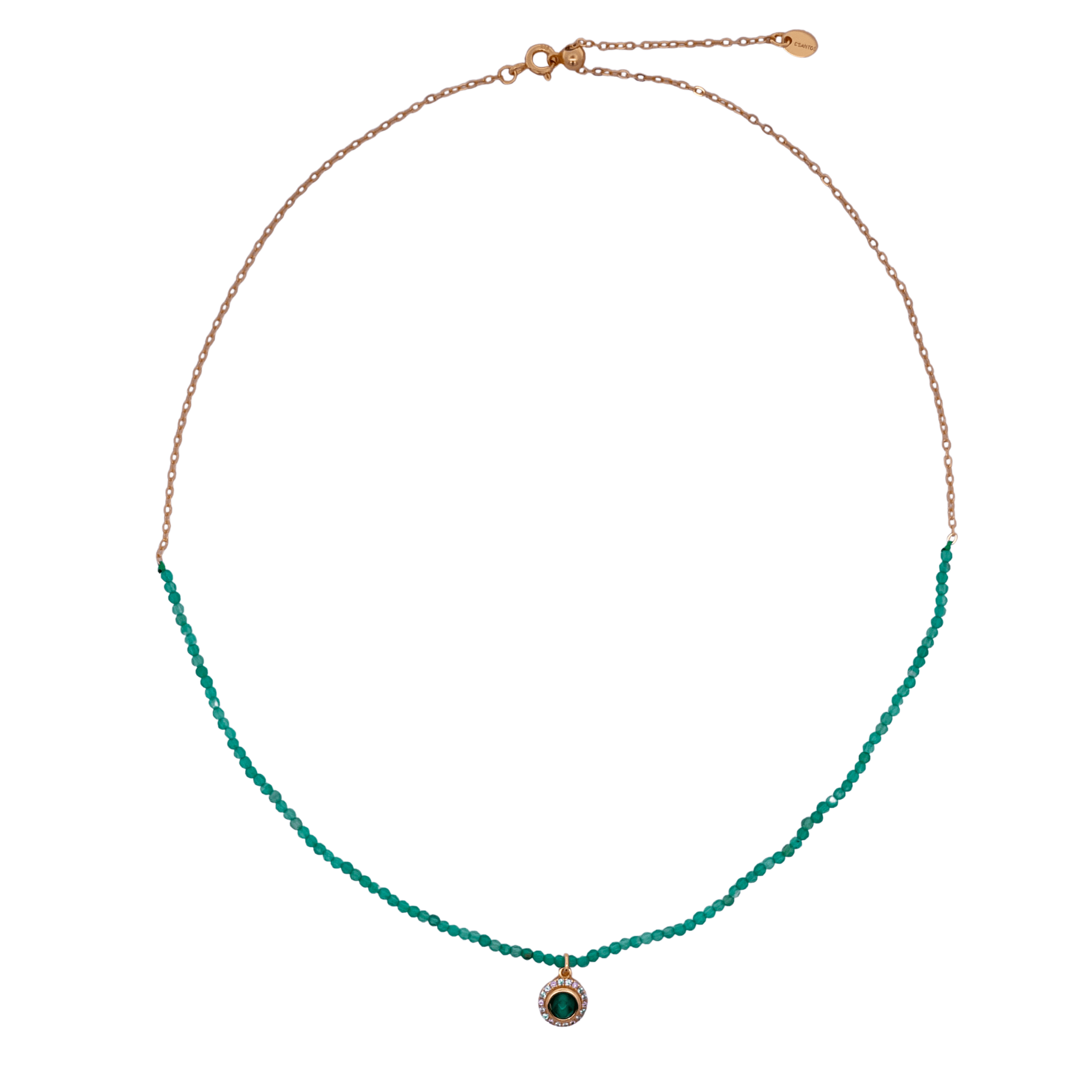 925YG HALF BEANDS WITH SOLITARY HALO NECKLACE TOU GREEN - C'SANTOS