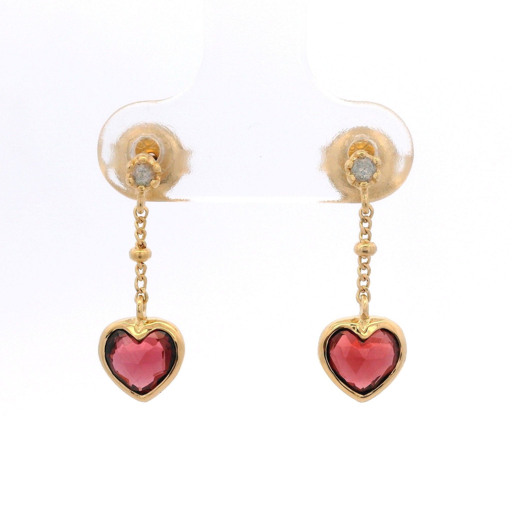 925YG HEART BEZEL GARNET CHAIN EARRINGS - C'SANTOS