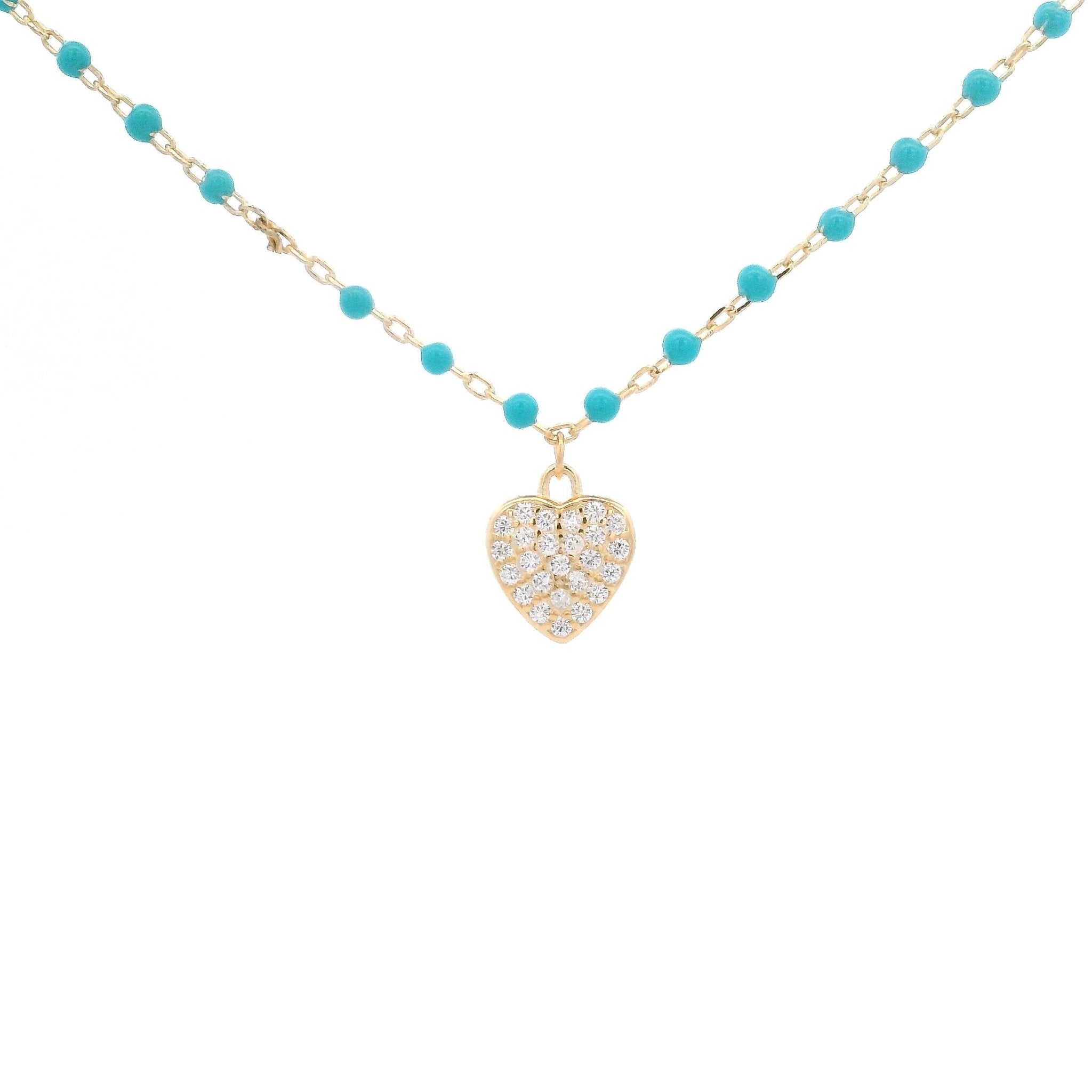 925YG HEART PAVE CZ AND BEAND ENAMEL AQUA NECKLACE - C'SANTOS