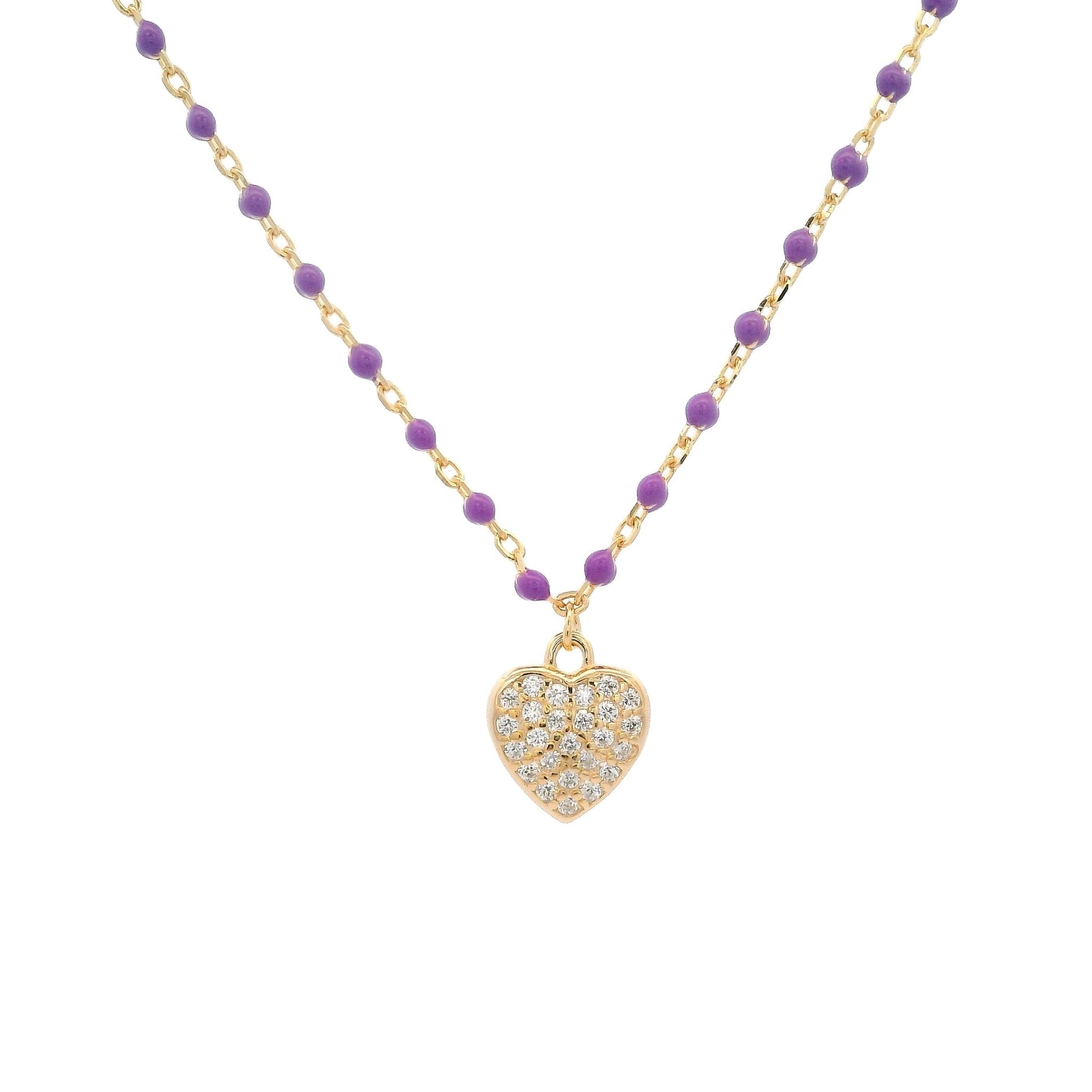 925YG HEART PAVE CZ AND BEAND ENAMEL LAVANDER NECKLACE - C'SANTOS