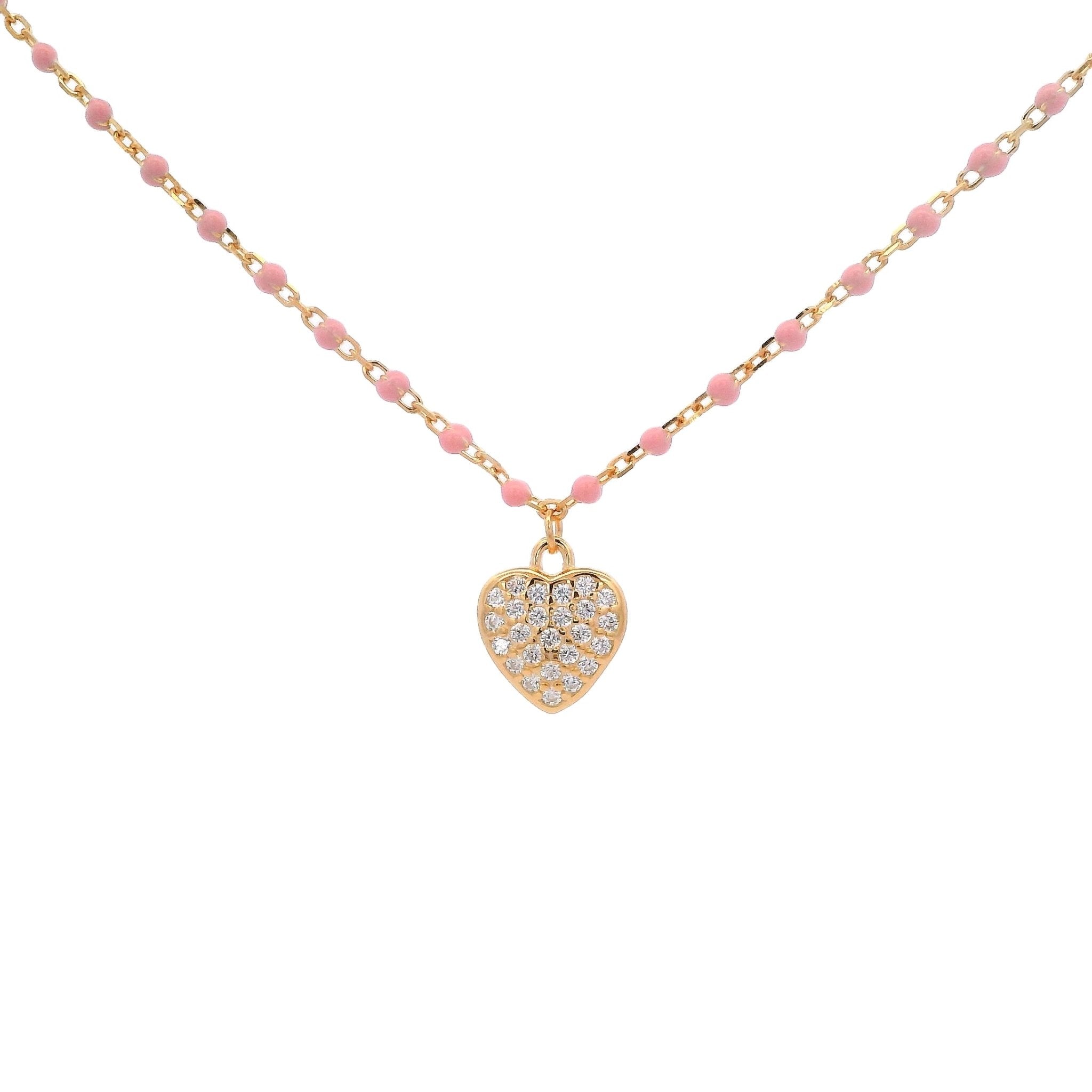 925YG HEART PAVE CZ AND BEAND ENAMEL PINK NECKLACE - C'SANTOS
