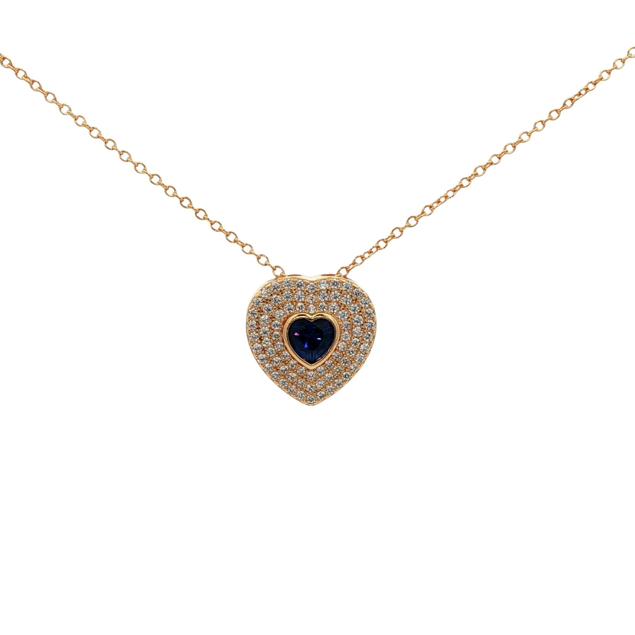 925YG HEART PAVE WITH BLUE CZ NECKLACE - C'SANTOS