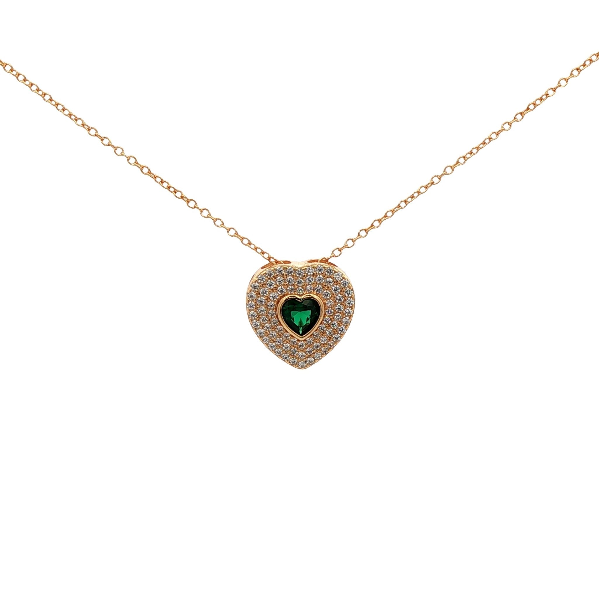 925YG HEART PAVE WITH GREEN CZ NECKLACE - C'SANTOS