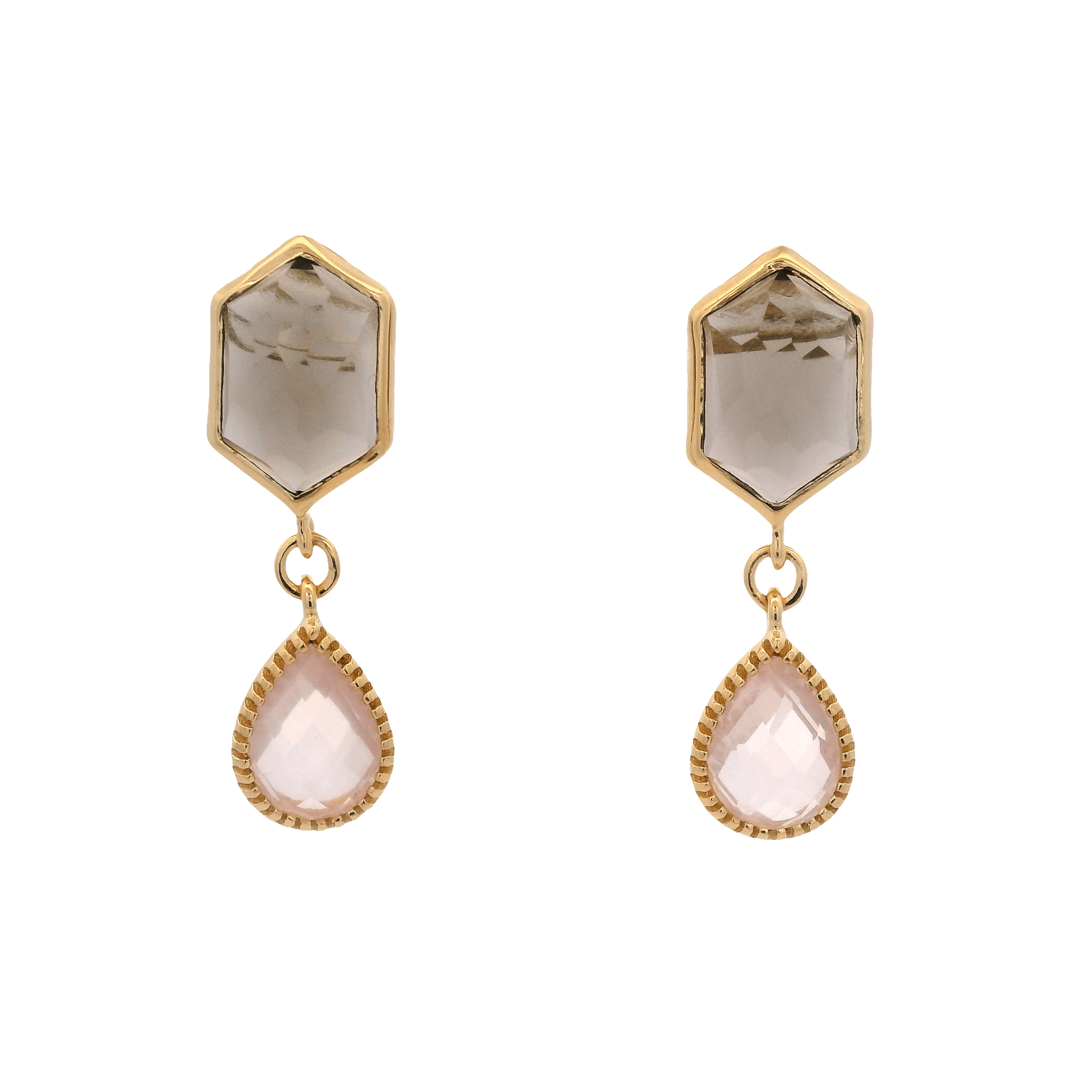 925YG HEXAGONAL SMOKY QUARTZ DROP ROSE QUARTZ EARRINGS - C'SANTOS