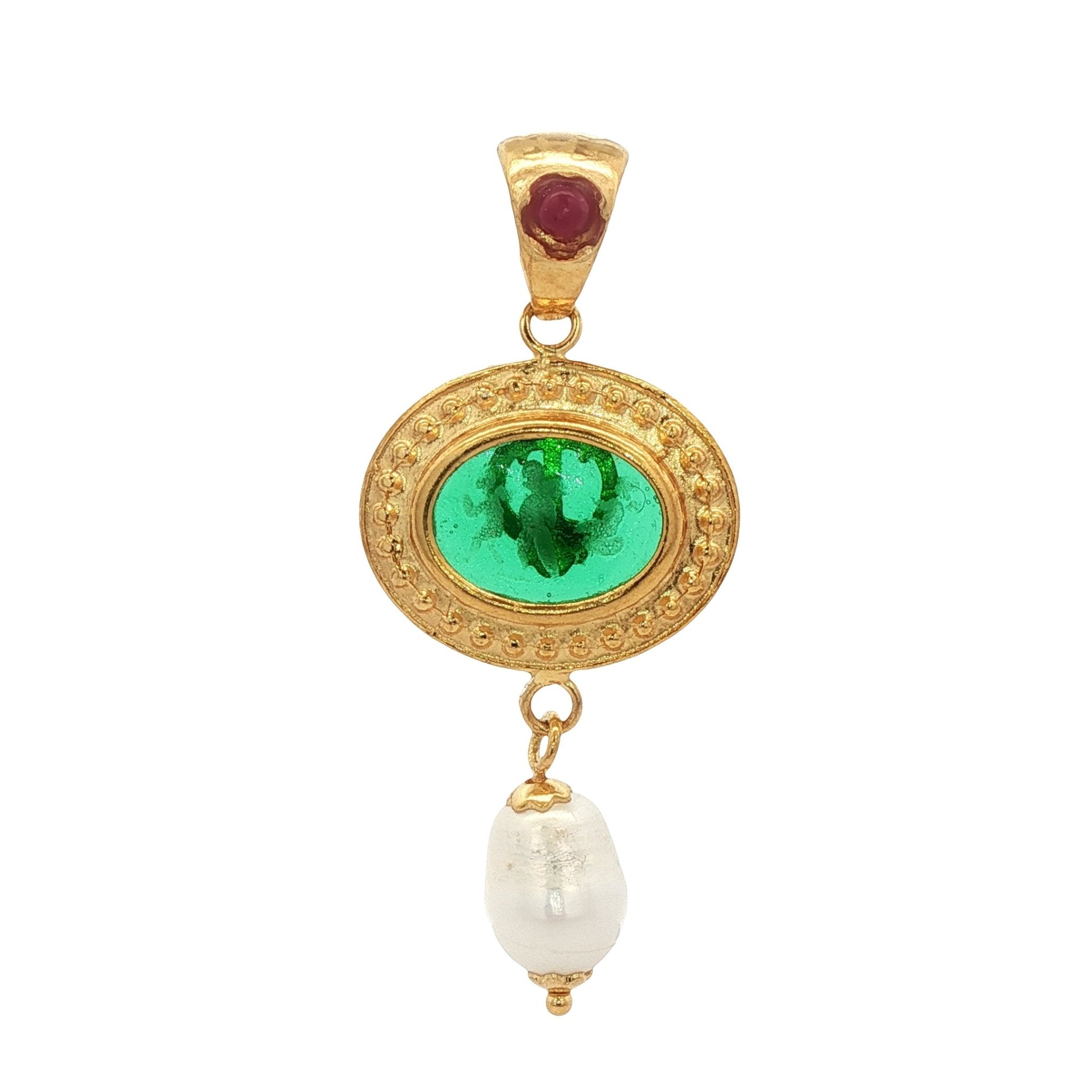 925YG HORSES GREEN AND PEARL RUBY PENDANT - C'SANTOS