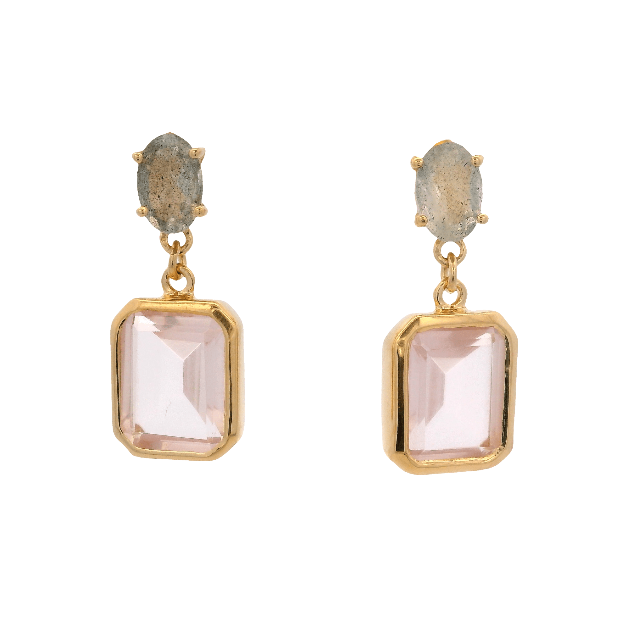 925YG LABRADORITE DROP RECTAGLE ROSE QUARTZ EARRINGS - C'SANTOS