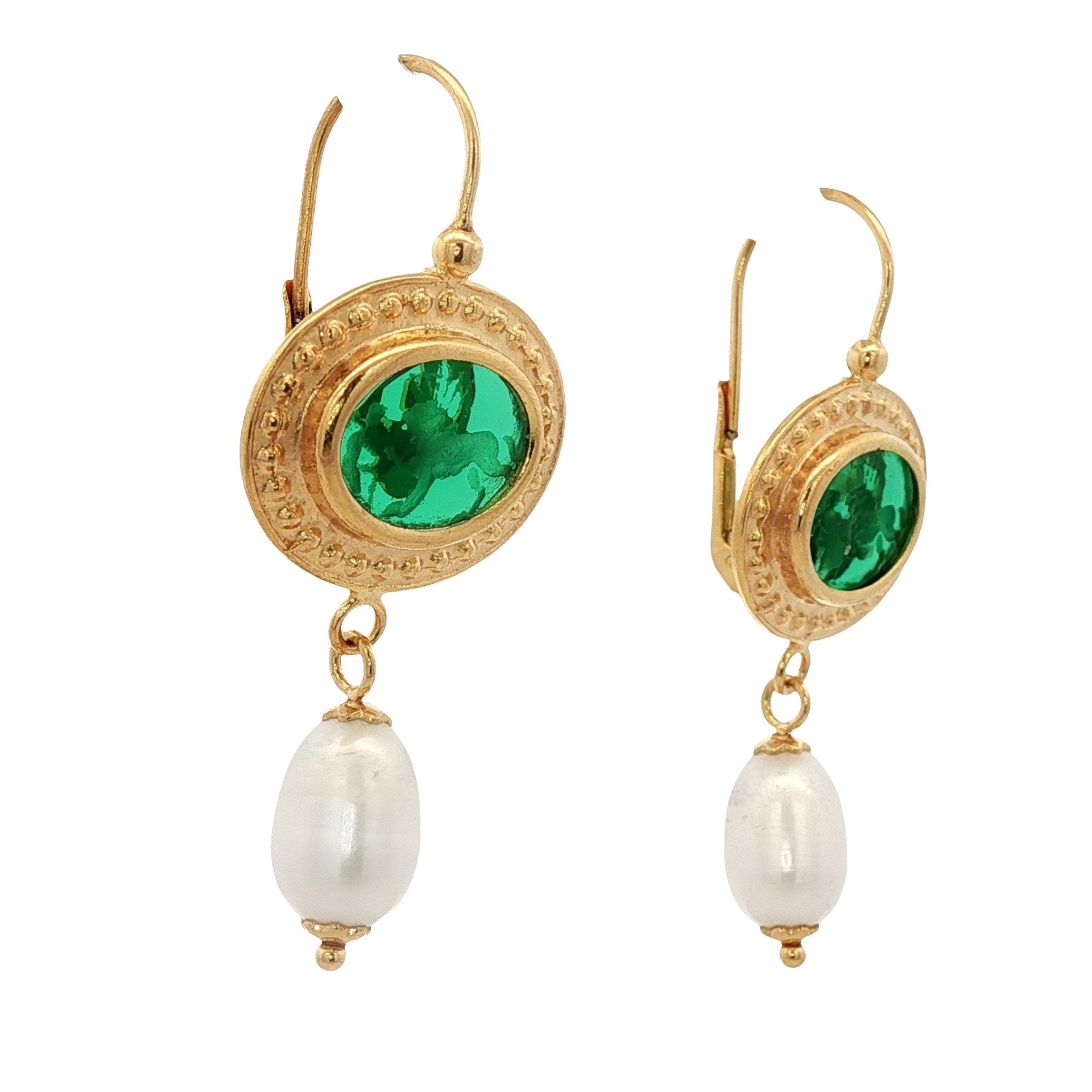 925YG LION AND BOY GREEN AND PEARL EARRINGS - C'SANTOS