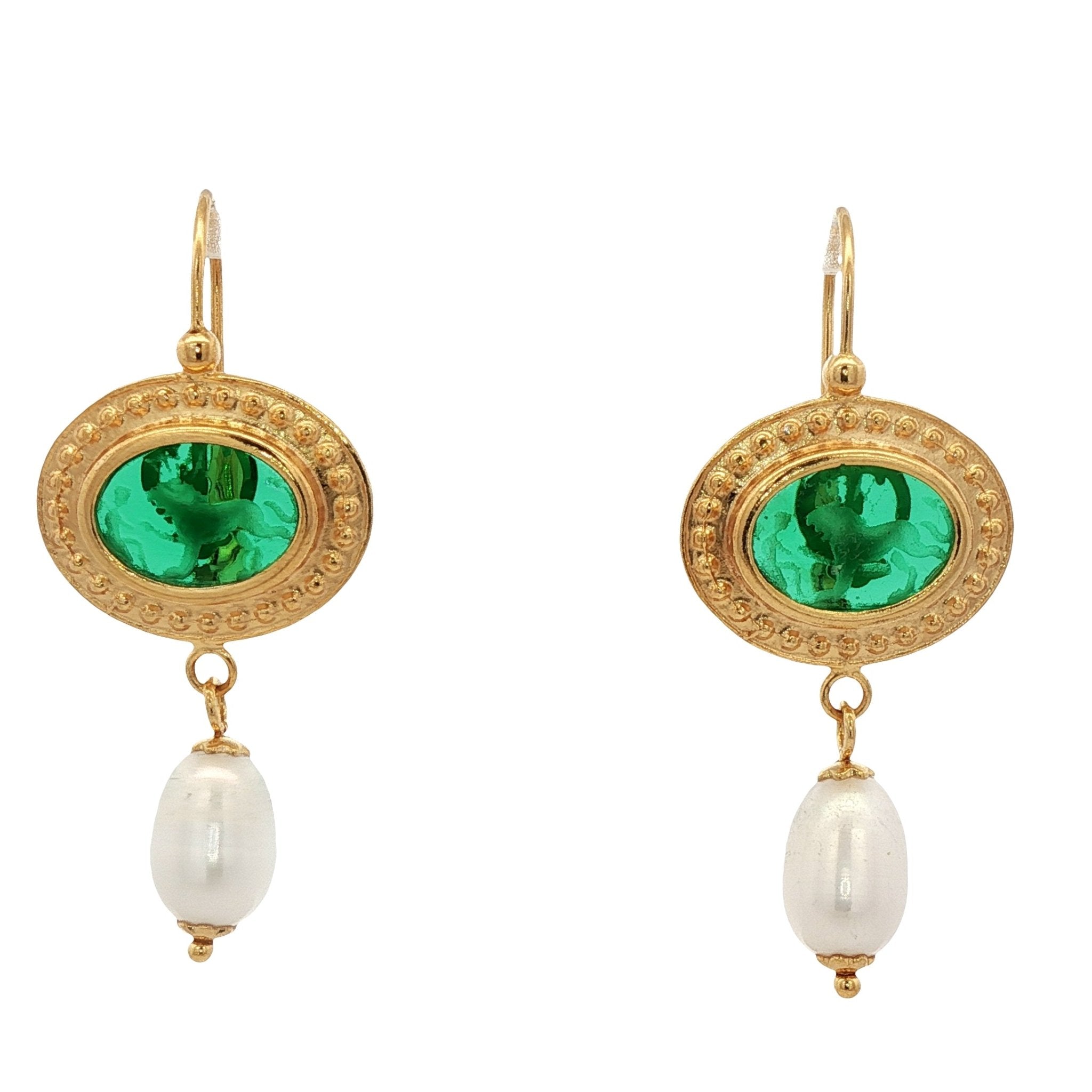 925YG LION AND BOY GREEN AND PEARL EARRINGS - C'SANTOS