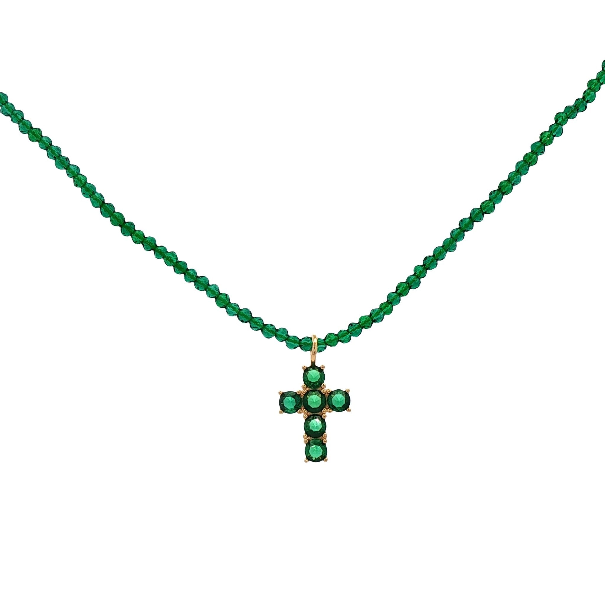 925YG MEDIUM CROSS GREEN CZ NECKLACE - C'SANTOS