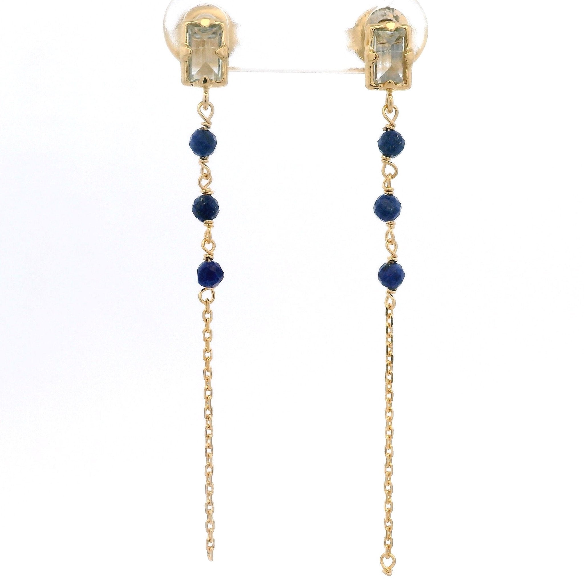 925YG MINI BAGUETTE TOPAZ BLUE CHAIN BEANDS LAPIS LAZULI EARRINGS - C'SANTOS