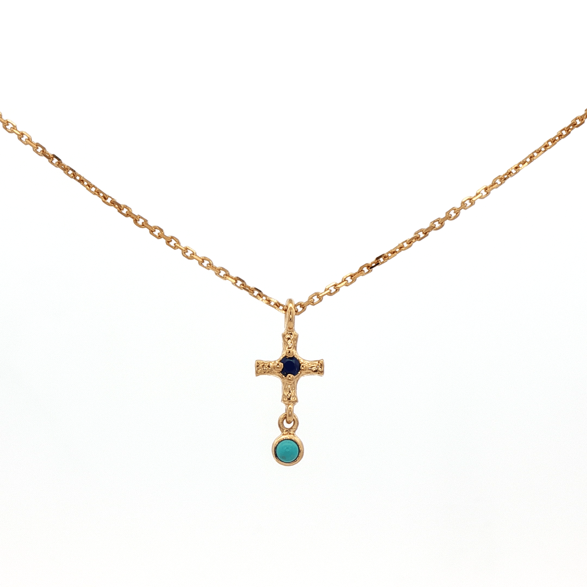 925YG MINI CROSS CENTER LAPIS PENDANT TURQUOISE SYN NECKLACE - C'SANTOS