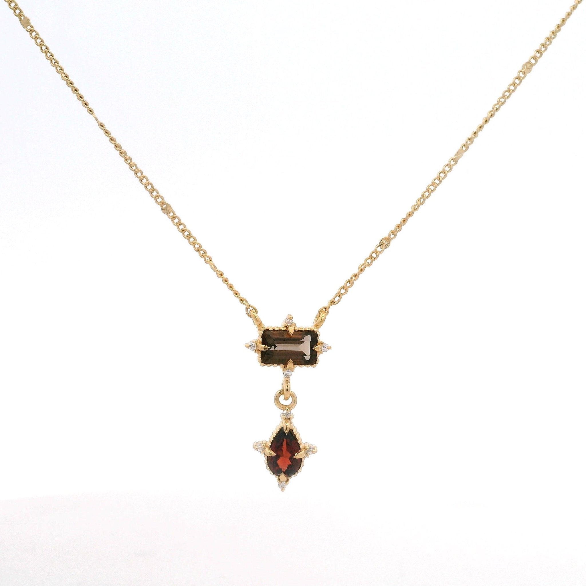 925YG MINI SQUARE SMOKY QUARTZ DROP GARNET NECKLACE - C'SANTOS