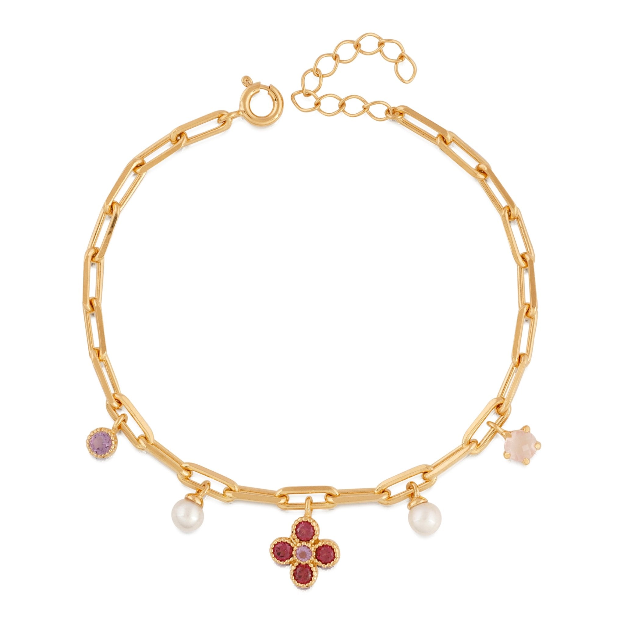 925YG MULTI CHARM CLOVER RHODOLITE GARNET PEARL BRACELET - C'SANTOS