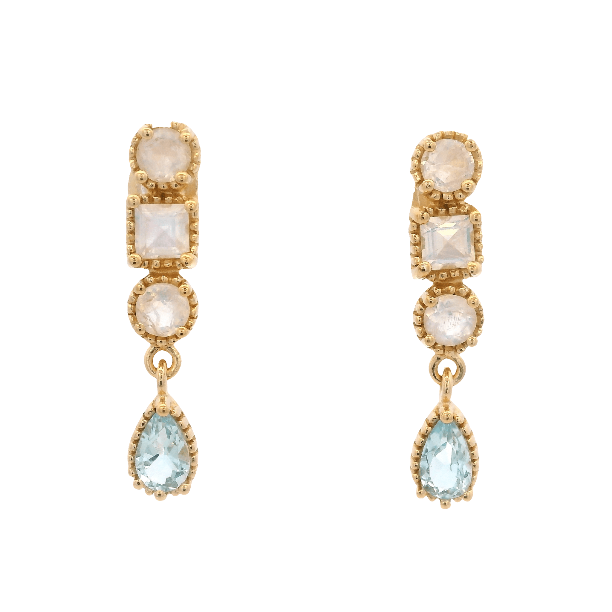 925YG MULTI SHAPE MOOSTONE DROP TOPAZ BLUE EARRINGS - C'SANTOS