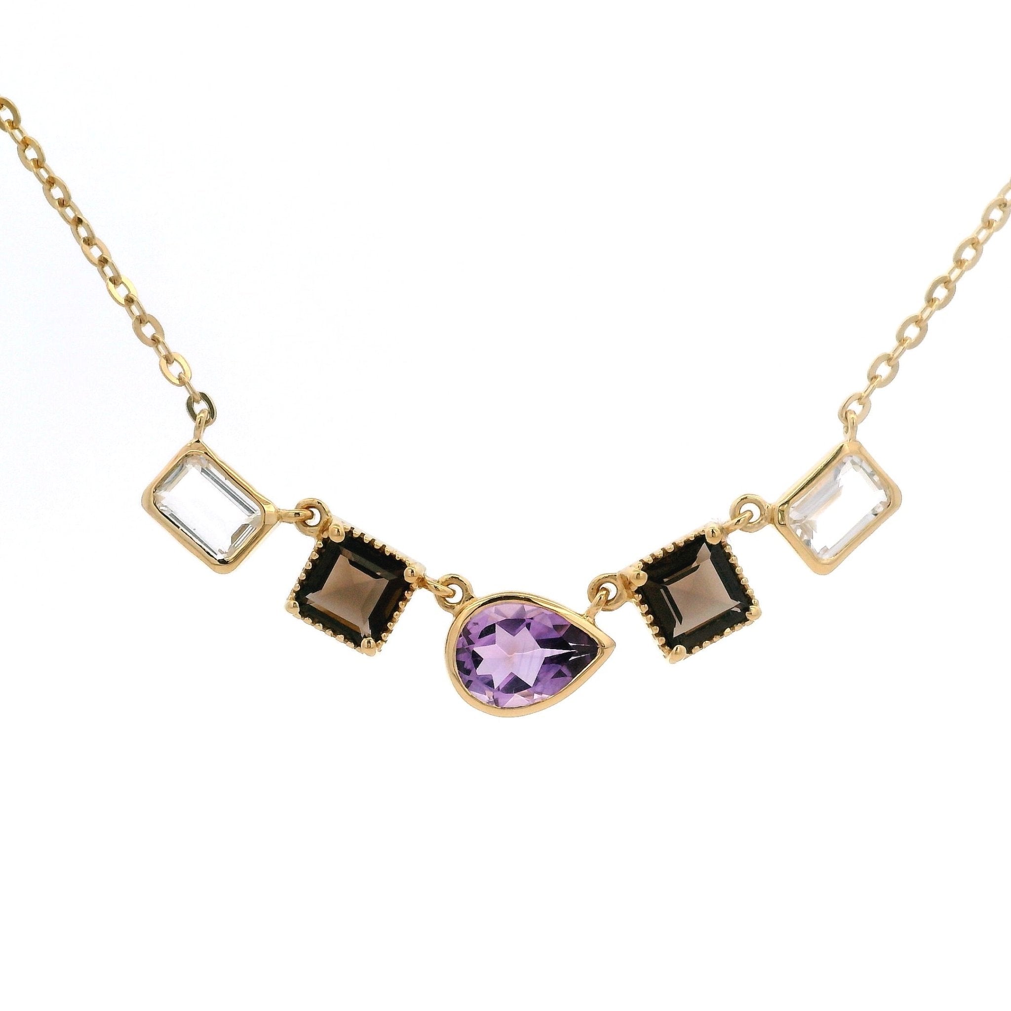 925YG MULTISHAPE DROP AMETHYST SMOKY QUARTZ NECKLACE - C'SANTOS