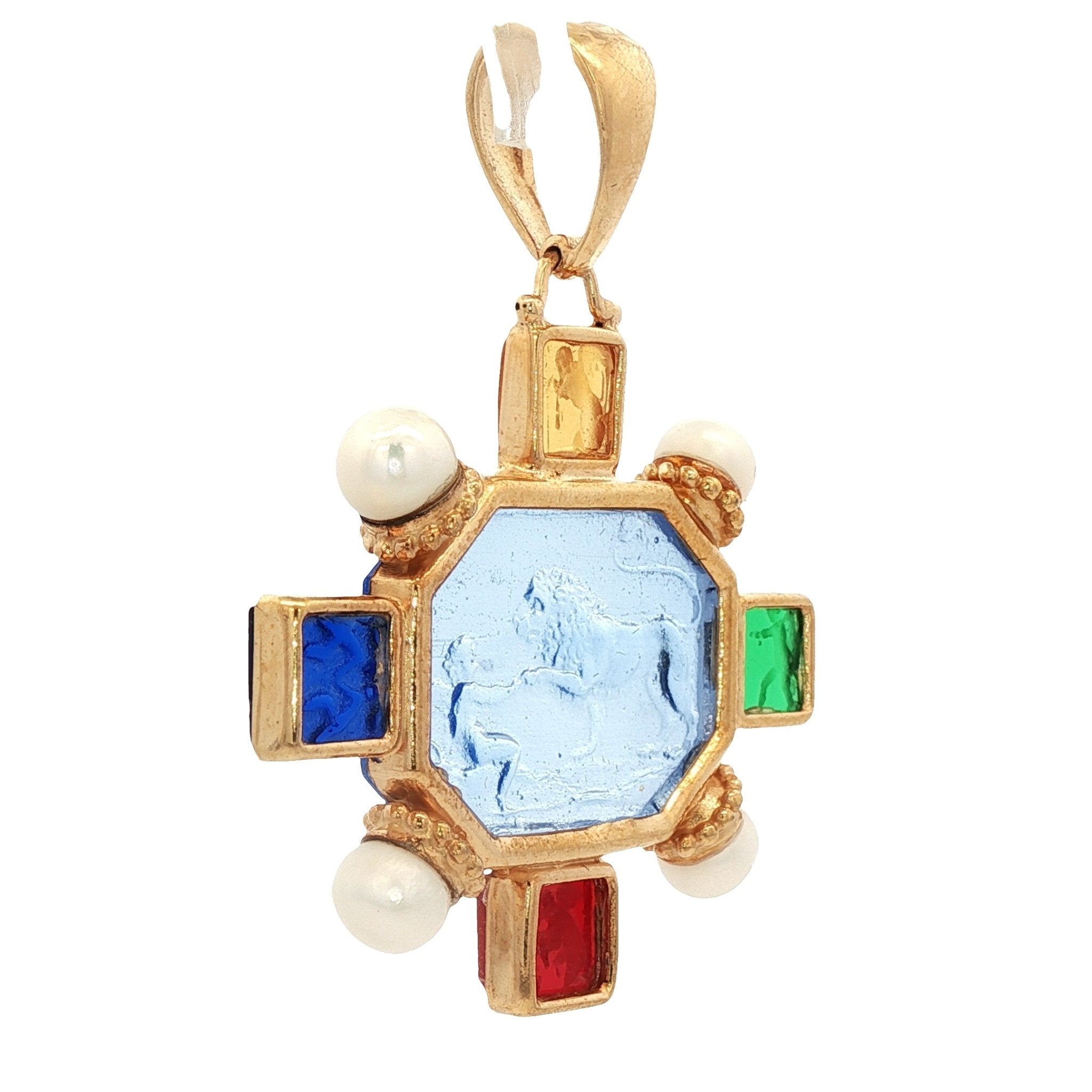 925YG OCTAGONAL LION AND BOY MULTICOLOR AND PEARL PENDANT - C'SANTOS
