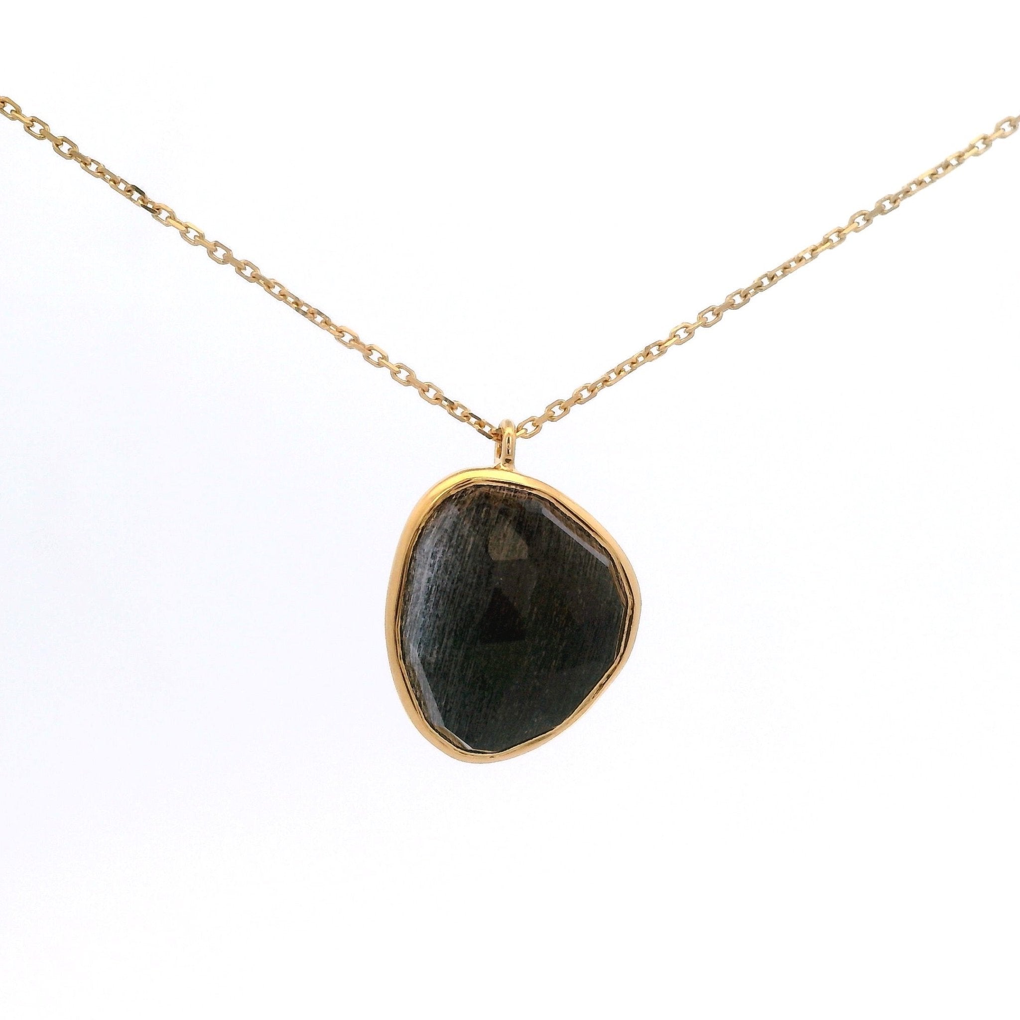 925YG OVAL IRREGULAR LABRADORITE BLACK NECKLACE - C'SANTOS
