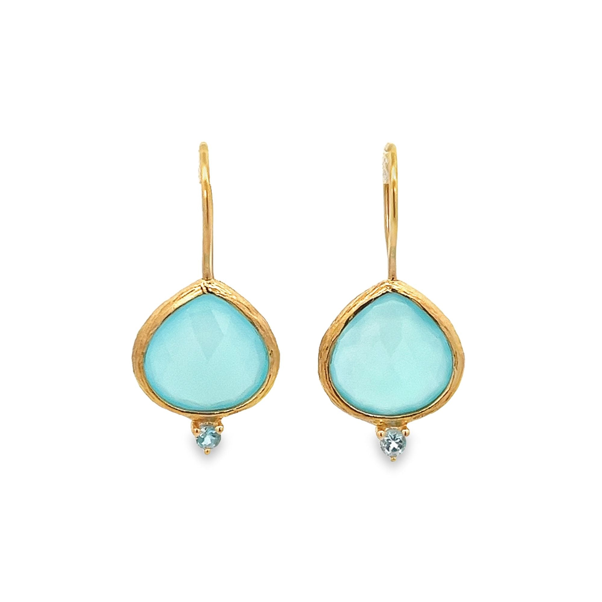 925YG PEAR IRREGULAR BEZEL AQUA CHALCEDONY BIRTHSTONE TOPAZ BLUE EARRING - C'SANTOS