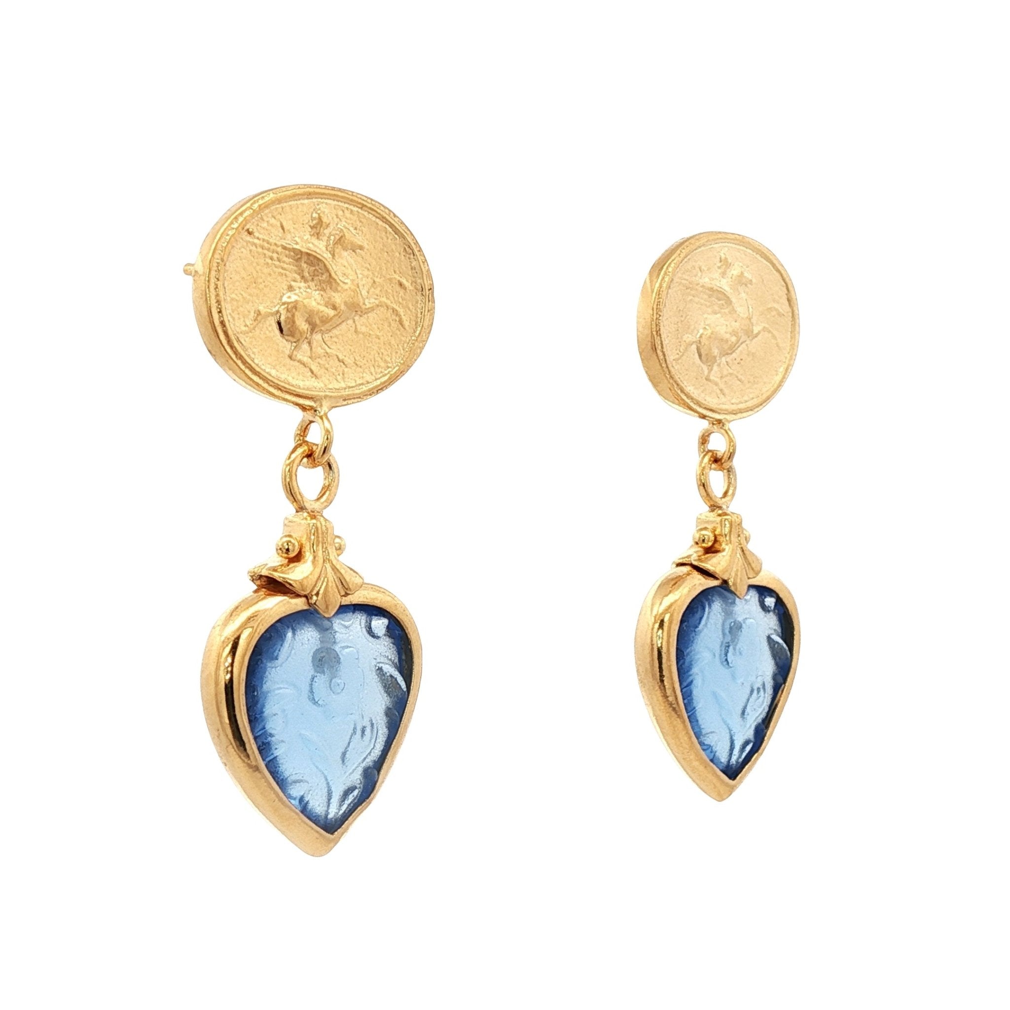 925YG PEGASUS AND HEAR FLOWER BLUE EARRINGS - C'SANTOS