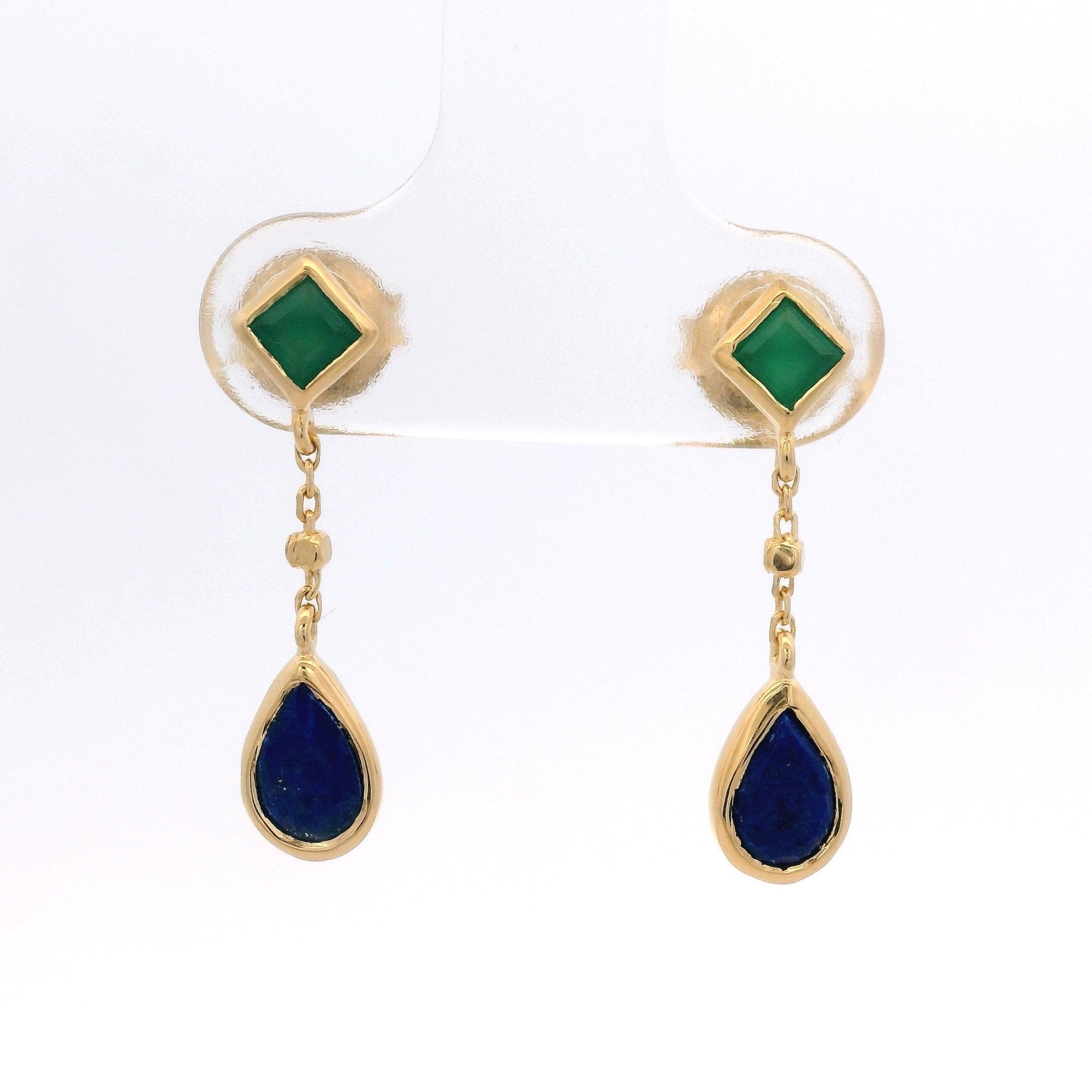 925YG RHOMBUS ONYX GREEN CHAIN DROP LAPIS LAZULI EARRINGS - C'SANTOS